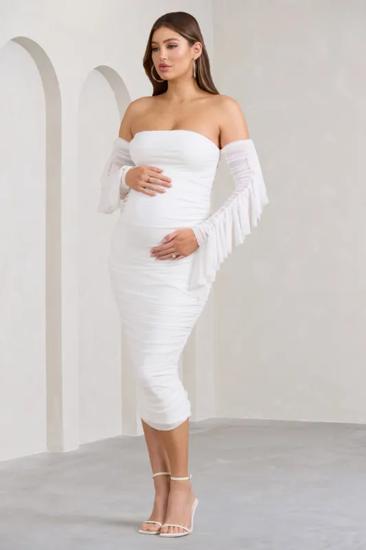 Aroma | White Ruched Mesh Maternity Midi Dress With Ruffled Sleeves sold by Club L London
