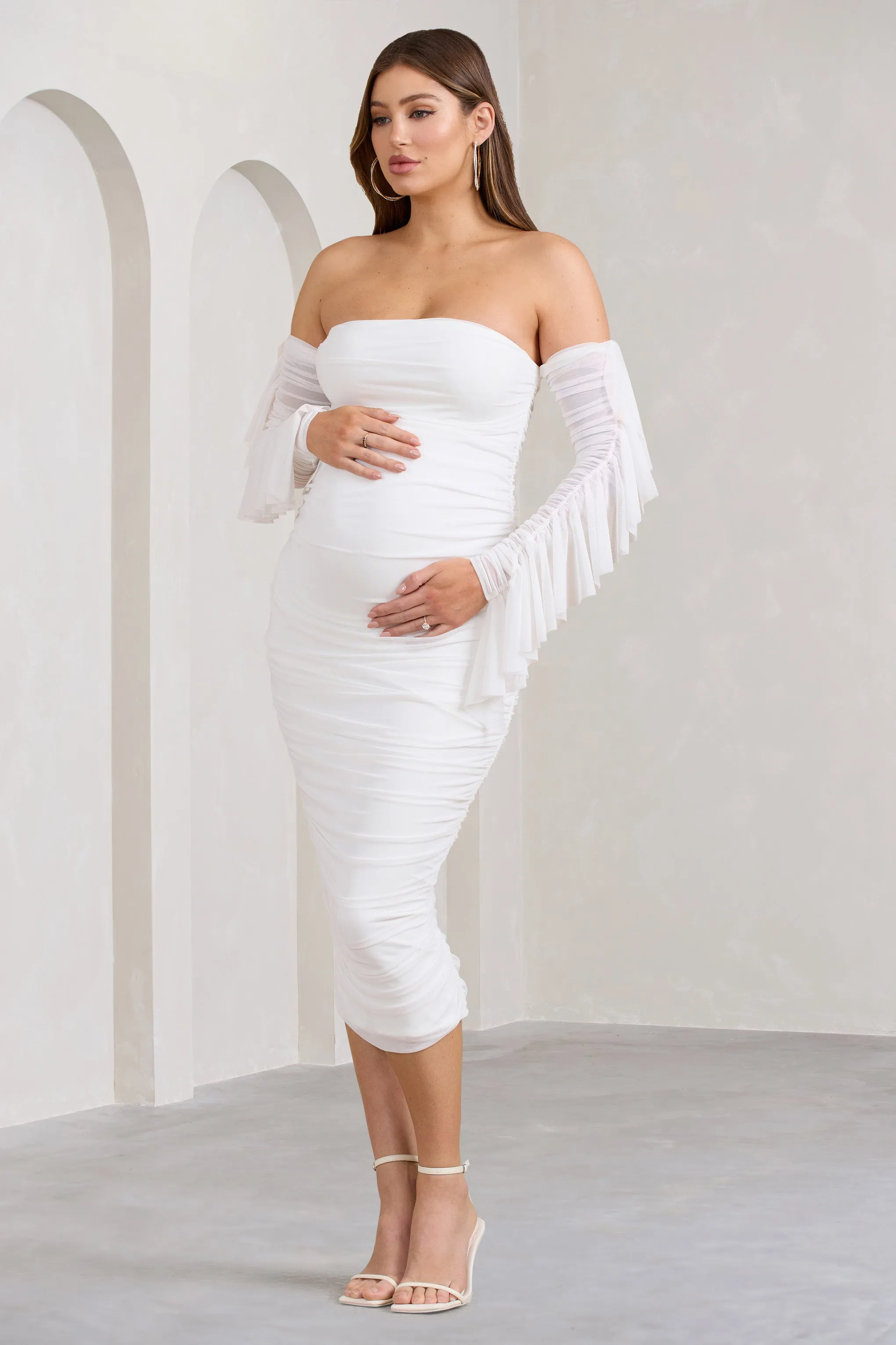 Aroma | White Ruched Mesh Maternity Midi Dress With Ruffled Sleeves sold by Club L London