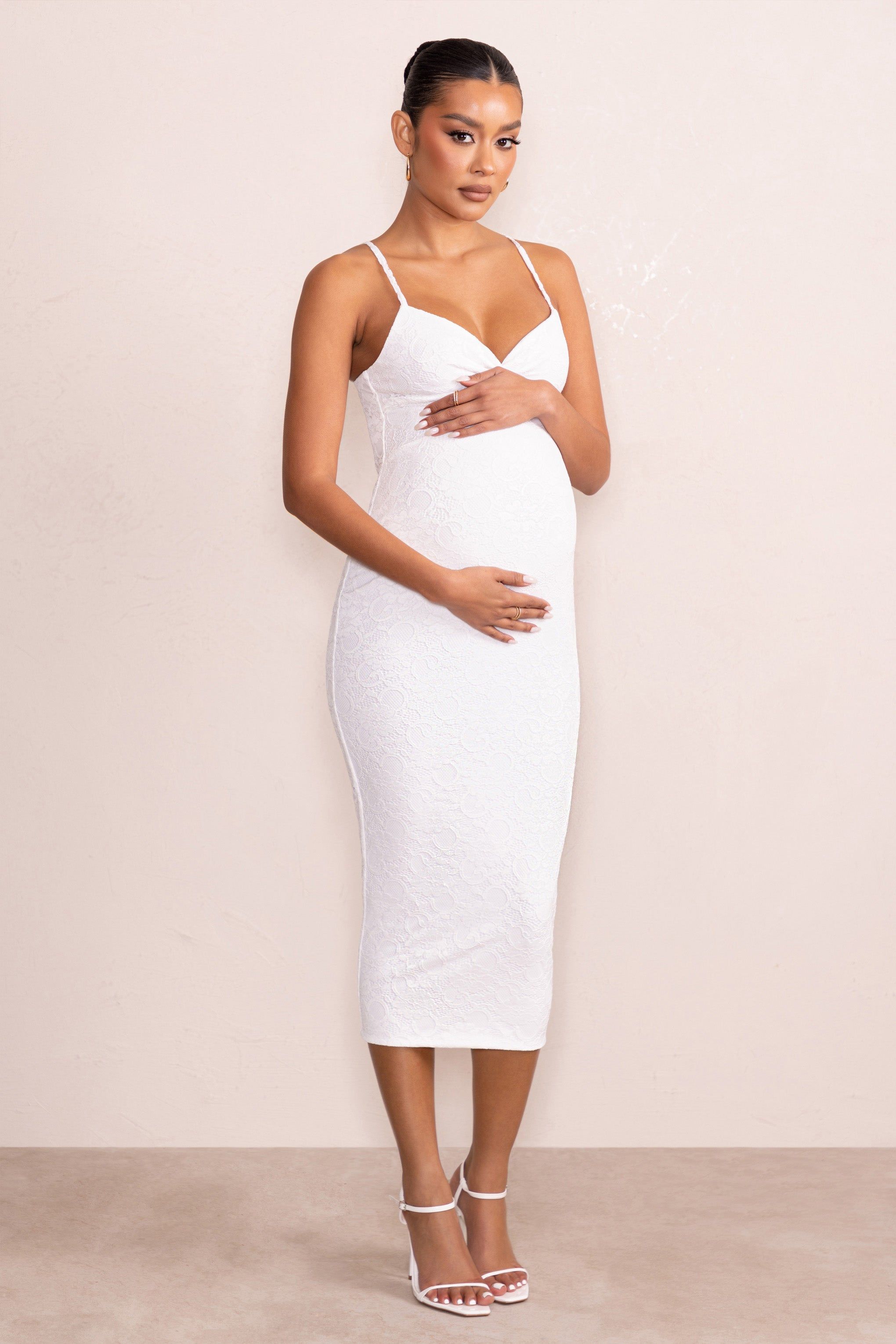 Nelly | White Maternity Cami Midi Dress with Twist Plunge sold by Club L London product image thumbnail 3