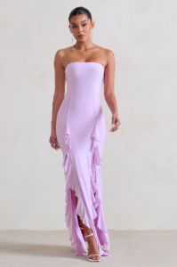Susan | Lilac Bandeau Maxi Dress With Ruffled Splits sold by Club L London