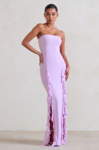 Susan | Lilac Bandeau Maxi Dress With Ruffled Splits sold by Club L London