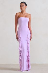 Susan | Lilac Bandeau Maxi Dress With Ruffled Splits sold by Club L London