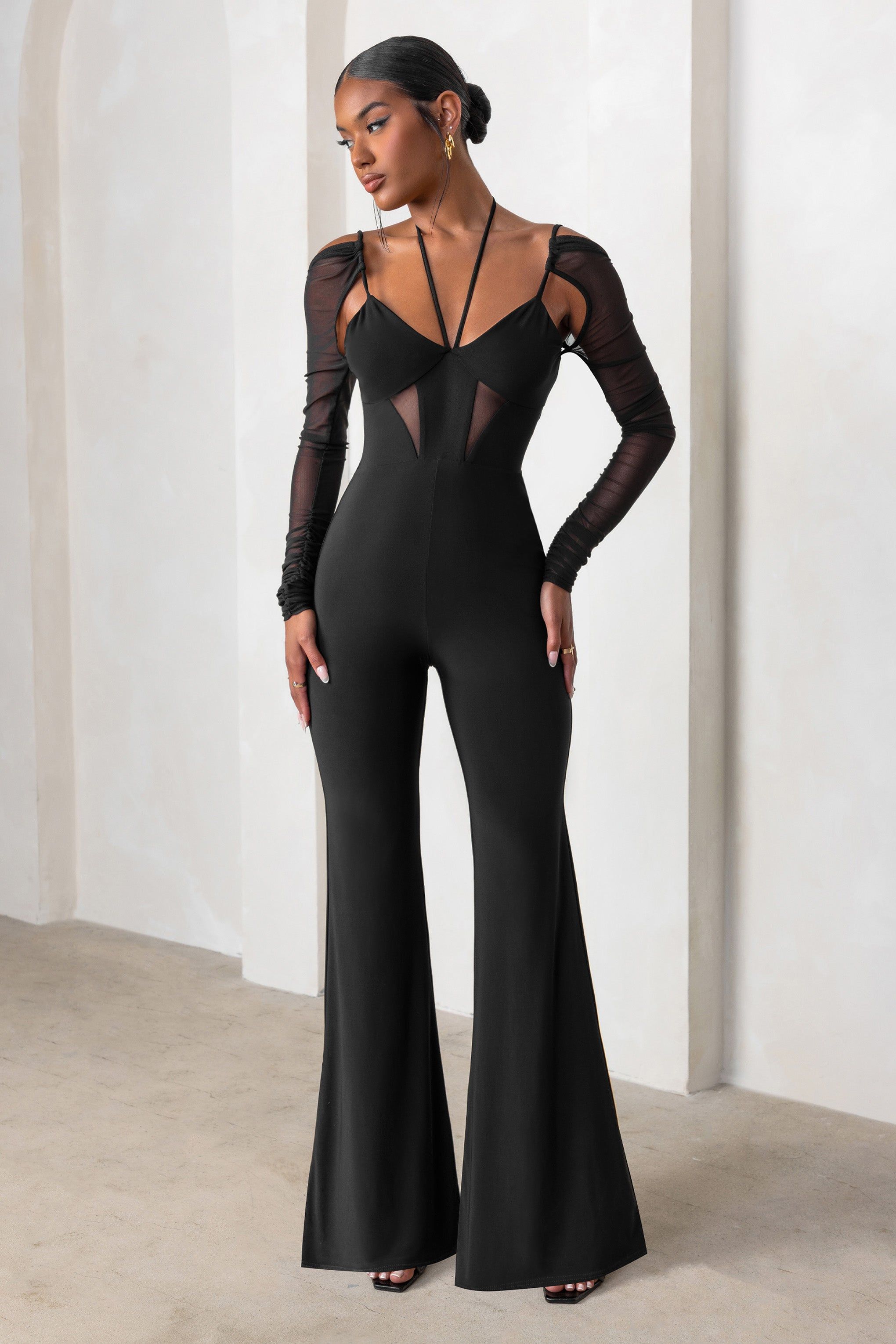 Crazy Love | Black Plunge Neck Mesh Sleeves Wide Leg Jumpsuit sold by Club L London product image thumbnail 4