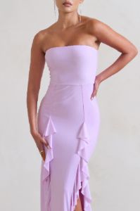 Susan | Lilac Bandeau Maxi Dress With Ruffled Splits sold by Club L London