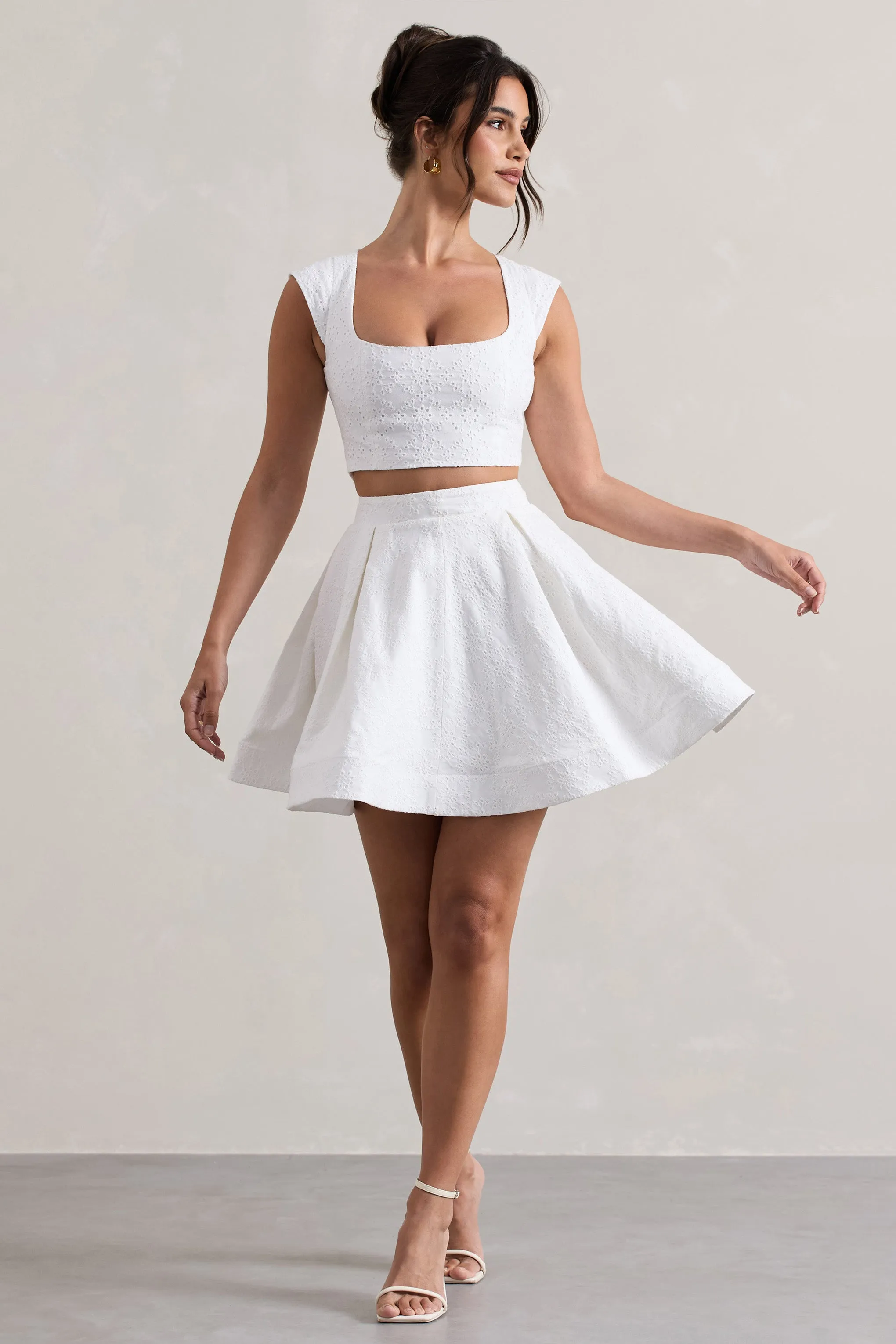 Jardanne | White Lace Skater Mini Skirt sold by Club L London