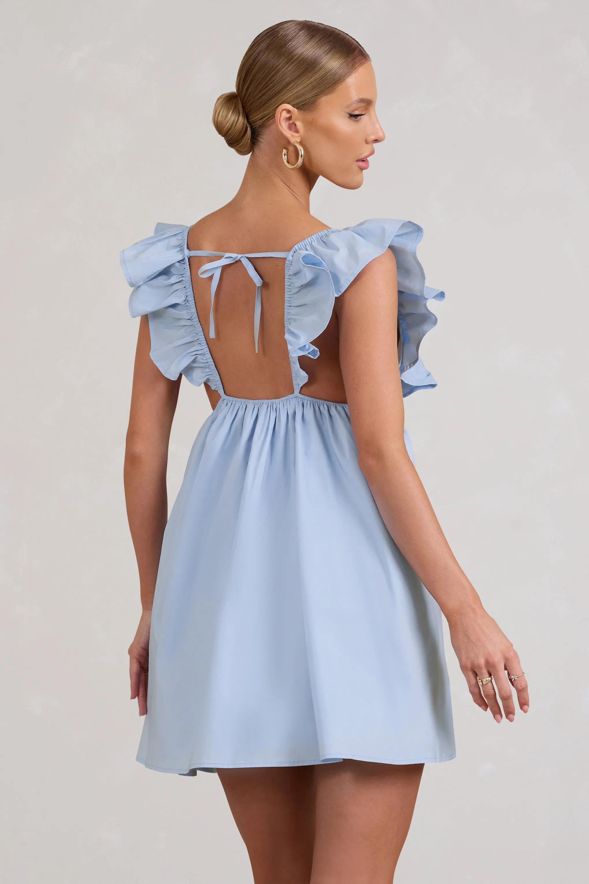 Let's Laze | Blue Poplin Smocked Mini Dress With Frilled Straps sold by Club L London product image thumbnail 3