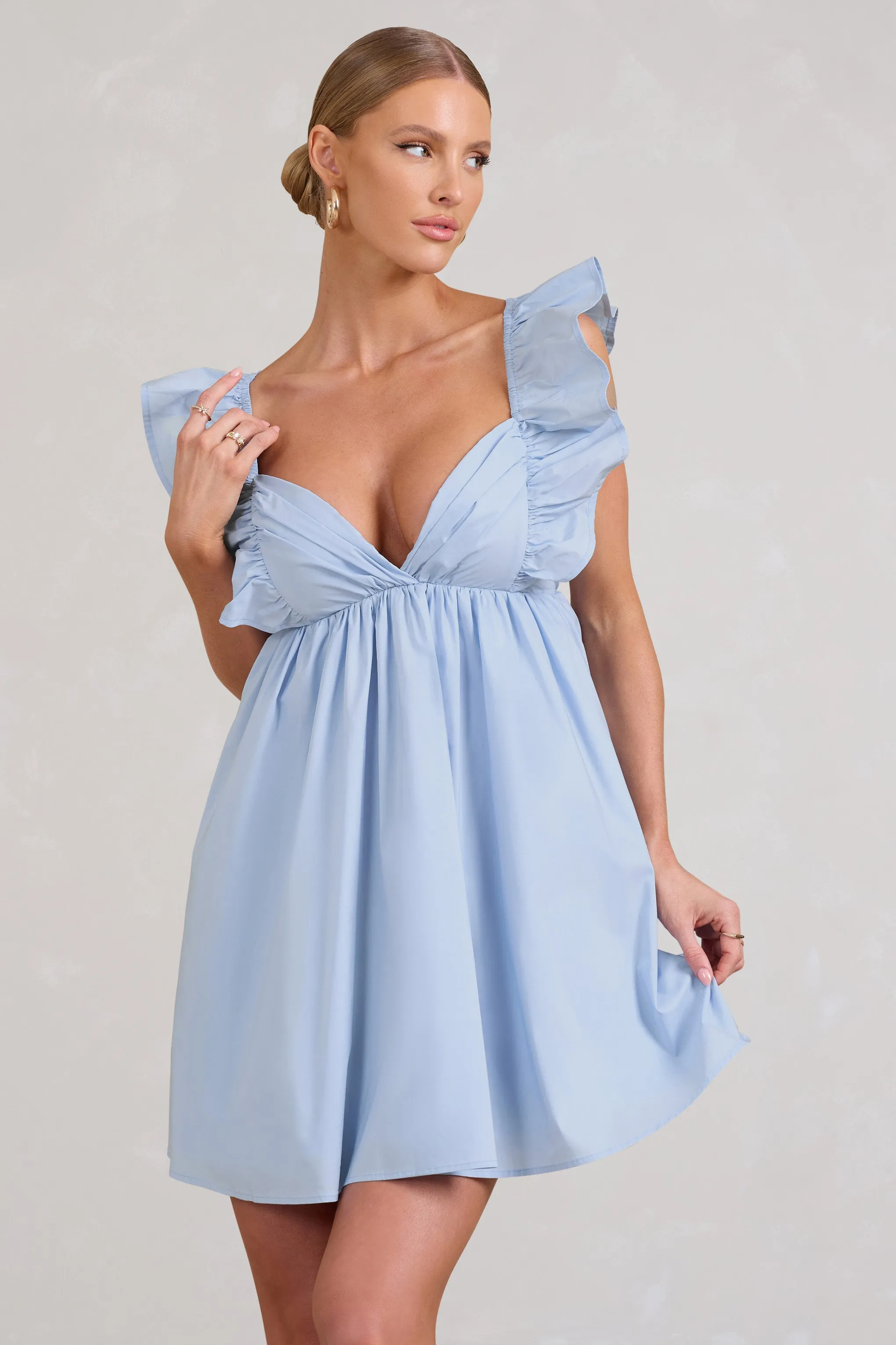 Let's Laze | Blue Poplin Smocked Mini Dress With Frilled Straps sold by Club L London product image thumbnail 5