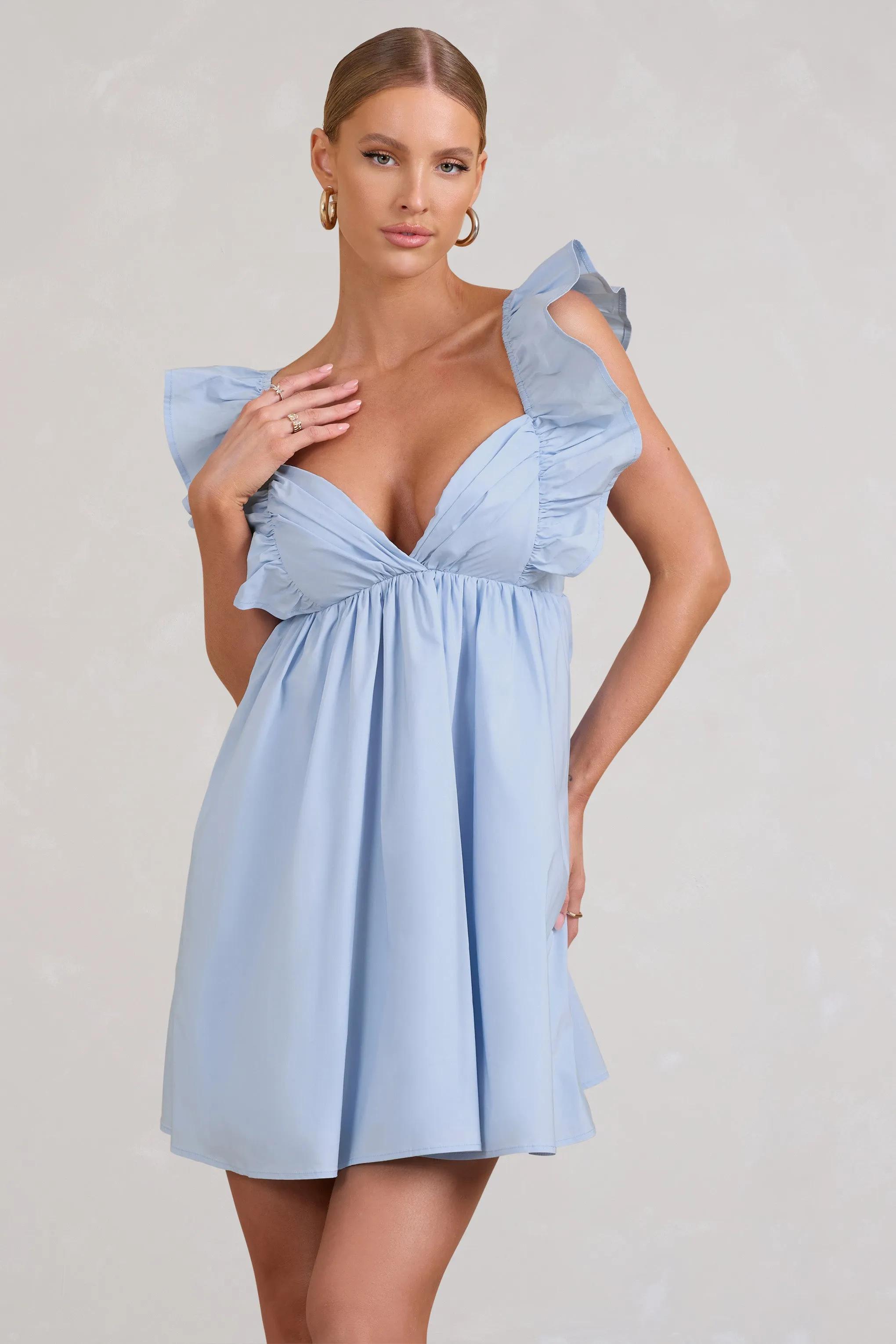 Let's Laze | Blue Poplin Smocked Mini Dress With Frilled Straps sold by Club L London product image thumbnail 4