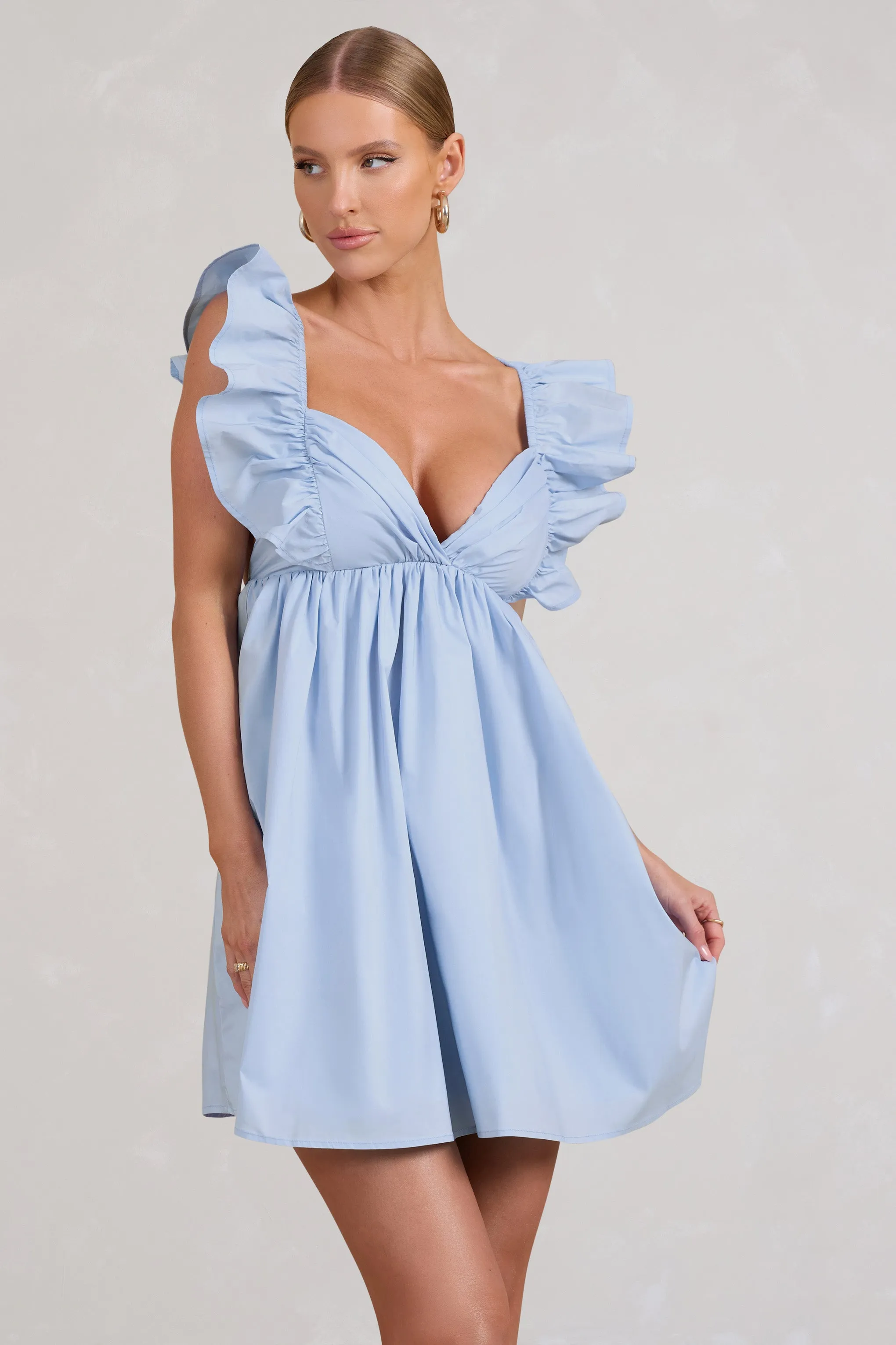 Let's Laze | Blue Poplin Smocked Mini Dress With Frilled Straps sold by Club L London product image thumbnail 2