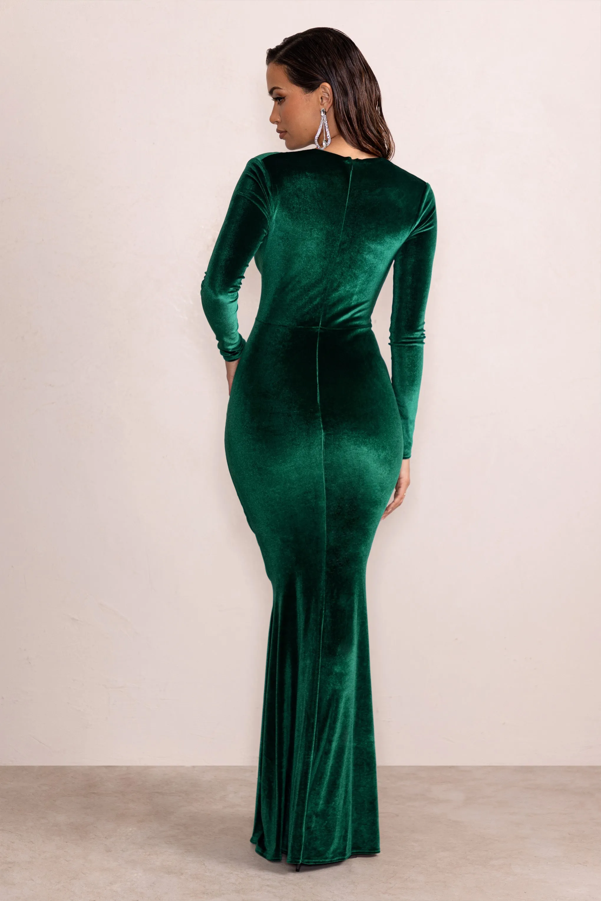 Elivia | Bottle Green Velvet Long Sleeve Plunge Neck Maxi Dress sold by Club L London product image thumbnail 2