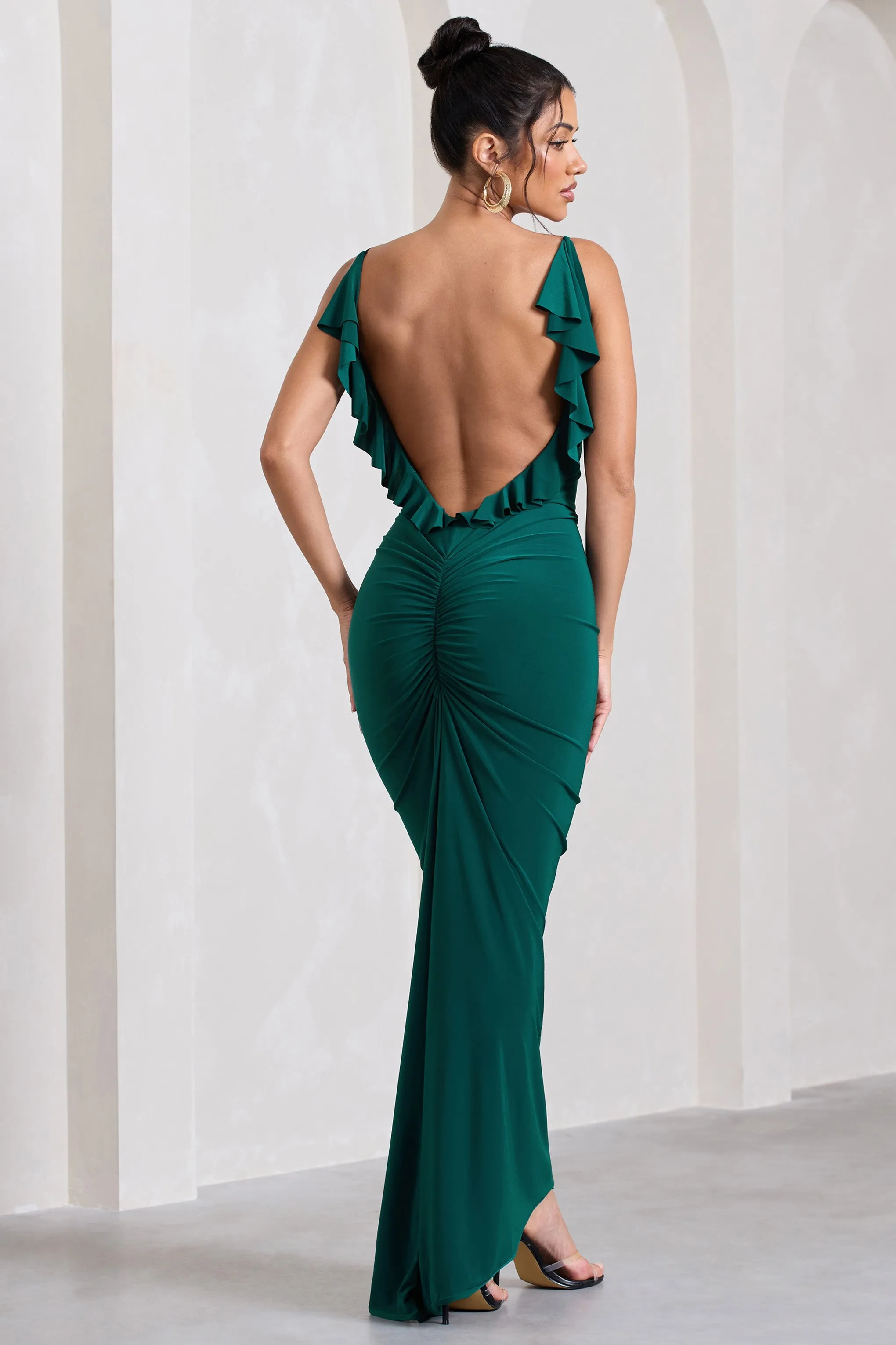 Flute | Bottle Green Bodycon Maxi Dress With Ruched Ruffled Back sold by Club L London product image thumbnail 4