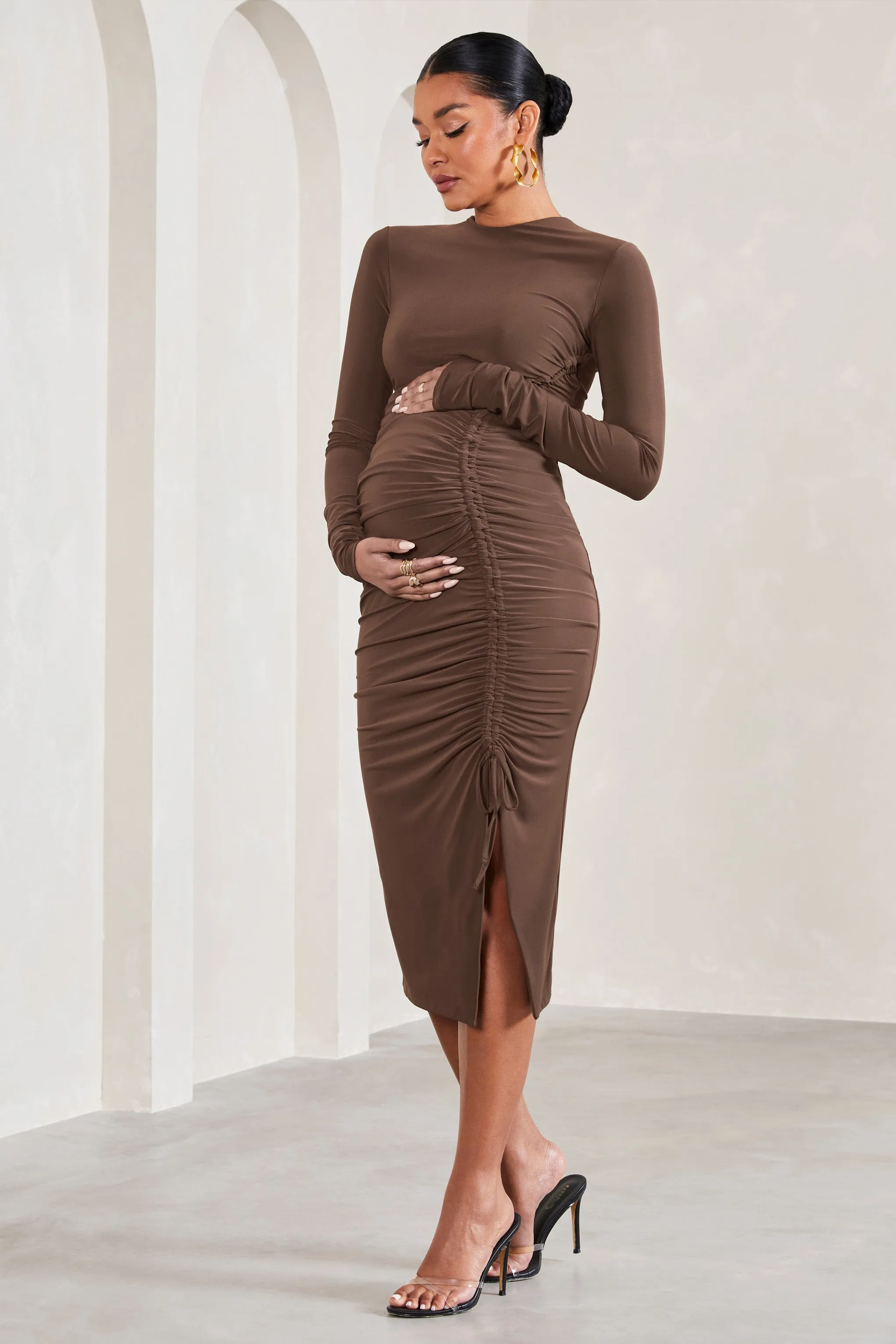 Eternal | Chocolate Brown Ruched Long-Sleeved Split Maternity Midi Dress sold by Club L London
