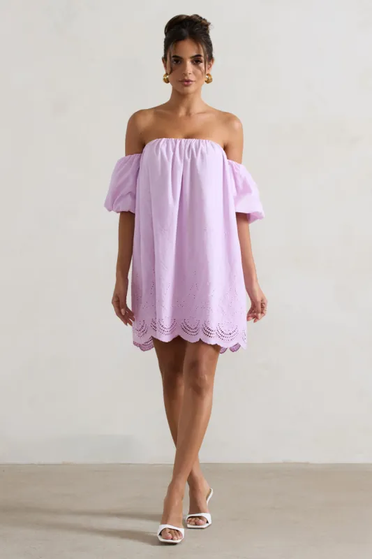 Wendy | Lilac Poplin Bardot Lace Trim Smock Mini Dress sold by Club L London