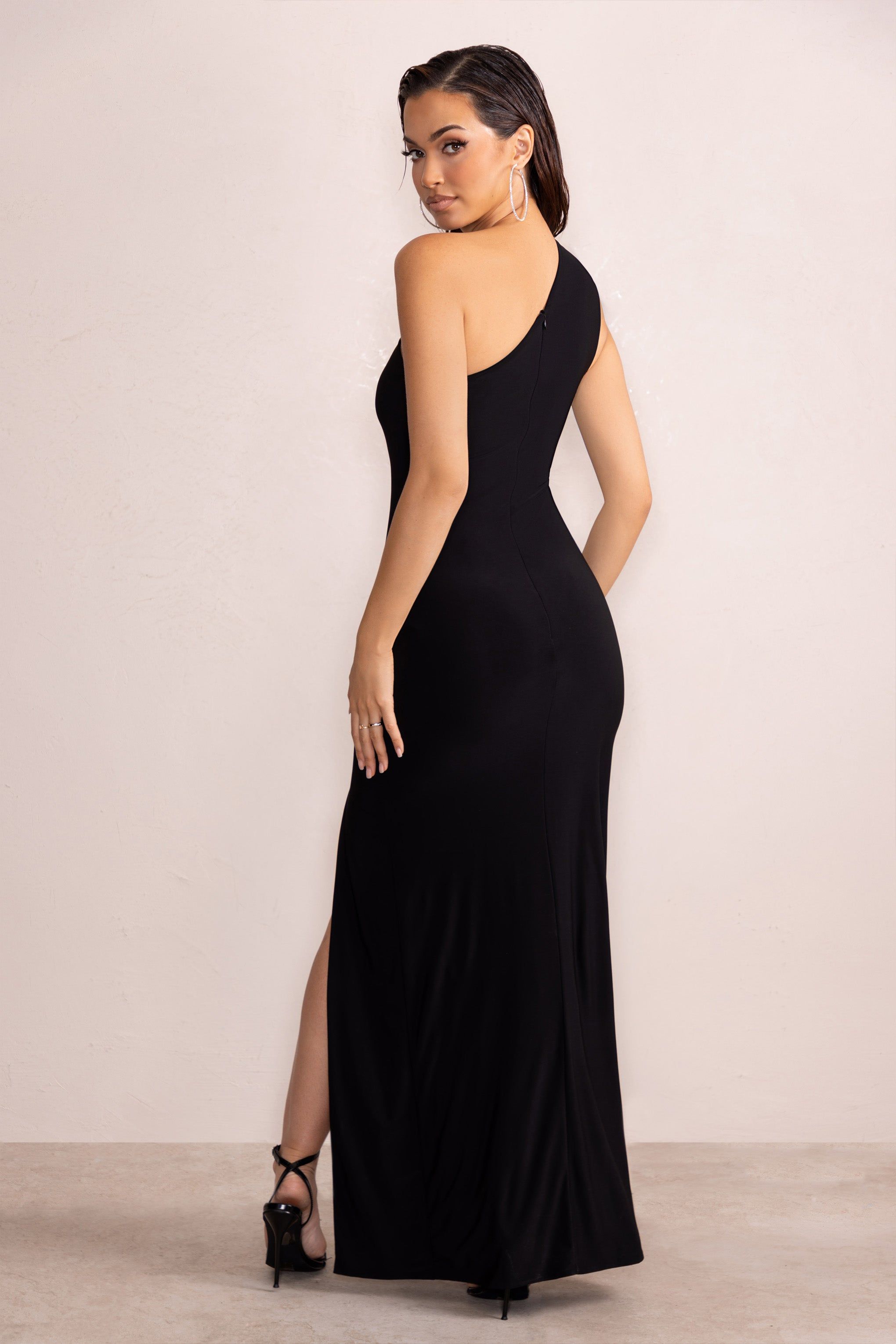 Movie Star | Black One Shoulder Pleat Detail Thigh Split Maxi Dress sold by Club L London product image thumbnail 2