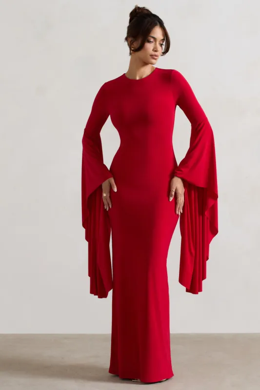 Modena | Red Waterfall Sleeve Maxi Dress sold by Club L London