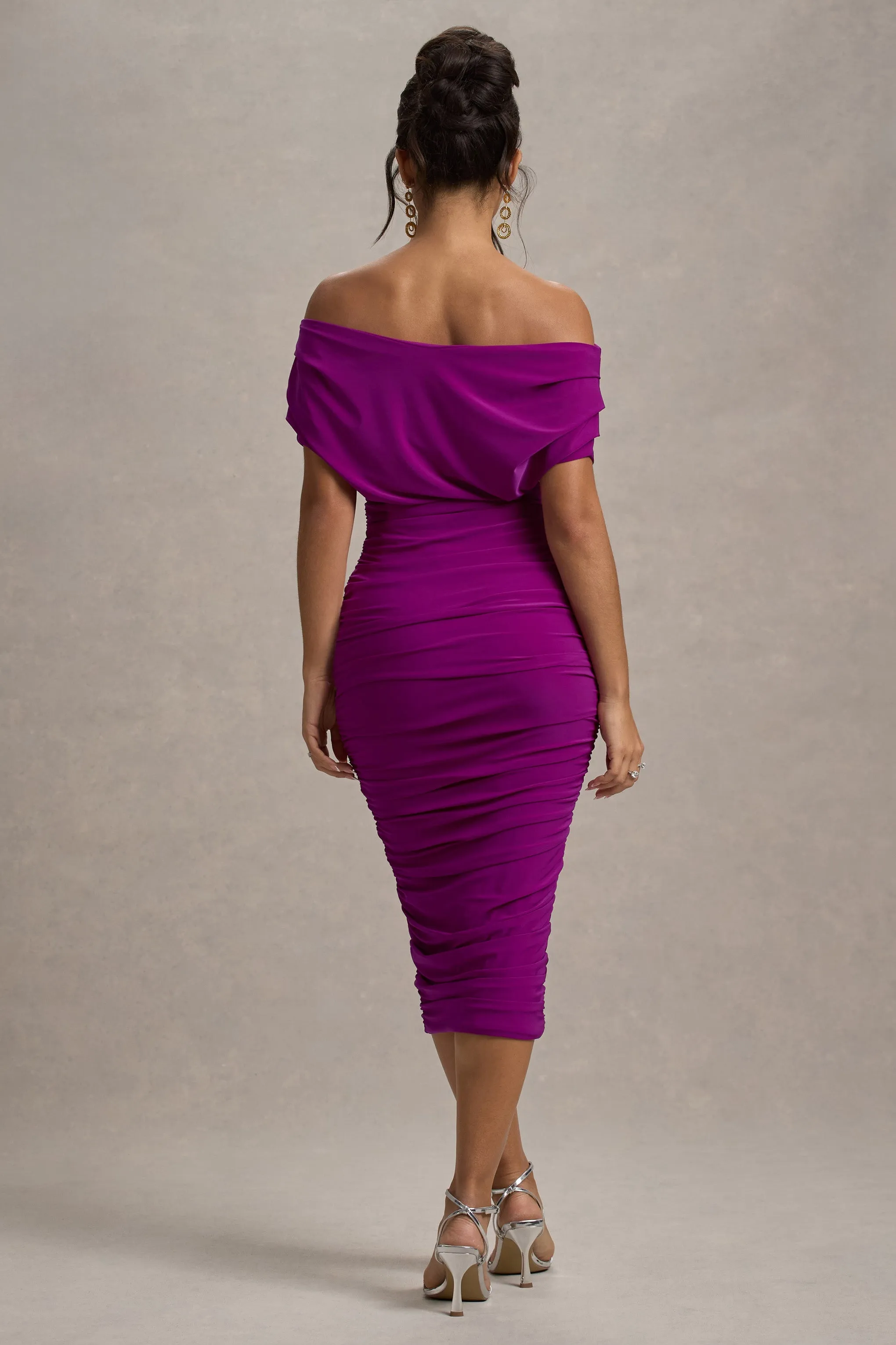 Rayleigh | Dark Pink Bardot Ruched Midi Dress sold by Club L London product image thumbnail 2