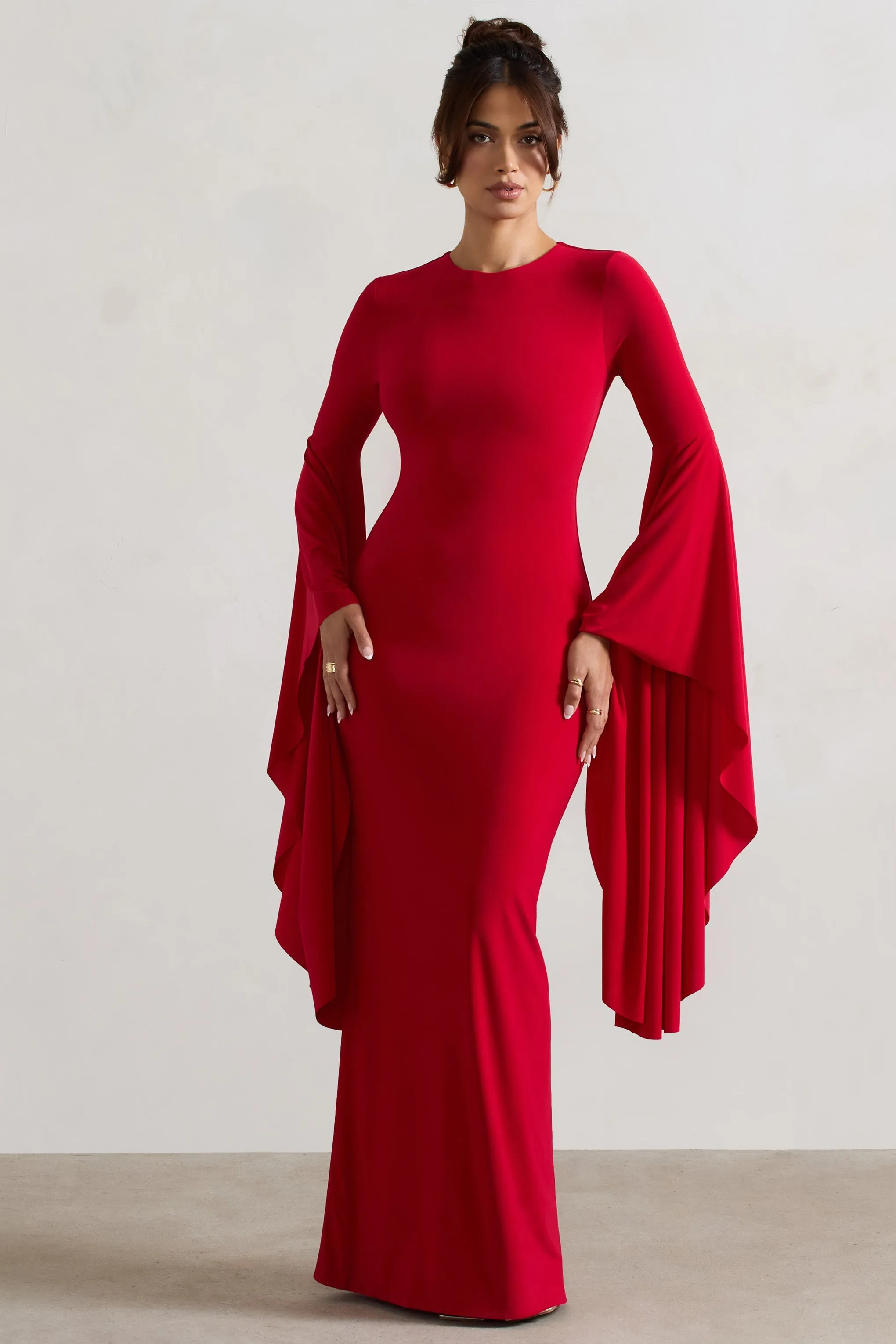 Modena | Red Waterfall Sleeve Maxi Dress sold by Club L London product image thumbnail 4
