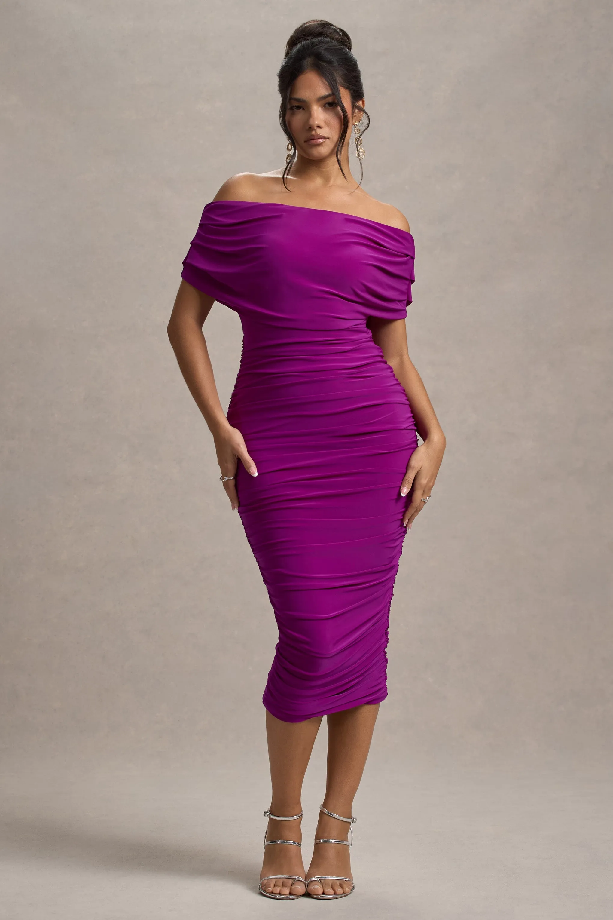 Rayleigh | Dark Pink Bardot Ruched Midi Dress sold by Club L London product image thumbnail 5