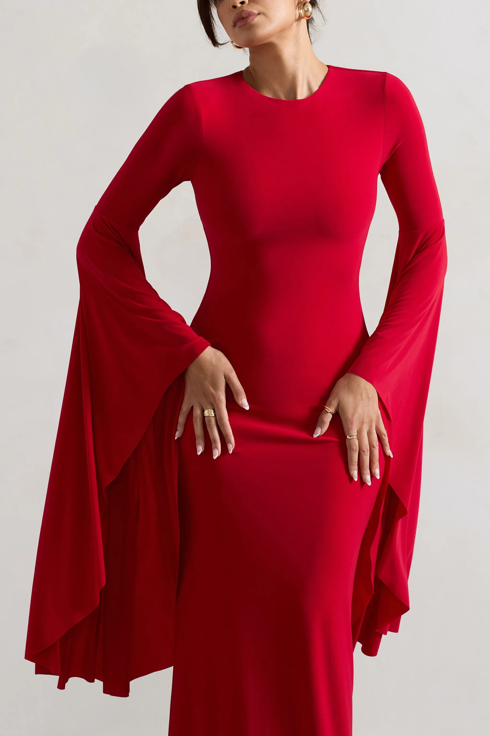 Modena | Red Waterfall Sleeve Maxi Dress sold by Club L London product image thumbnail 3