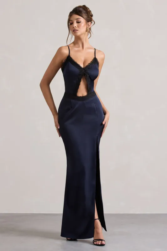 Brescia | Navy Satin Cut-Out Maxi Dress With Lace Trim sold by Club L London