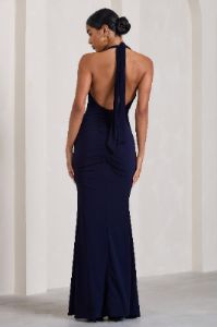 Glamour | Navy Backless V Plunge Halter Neck Maxi Dress With Side Split sold by Club L London