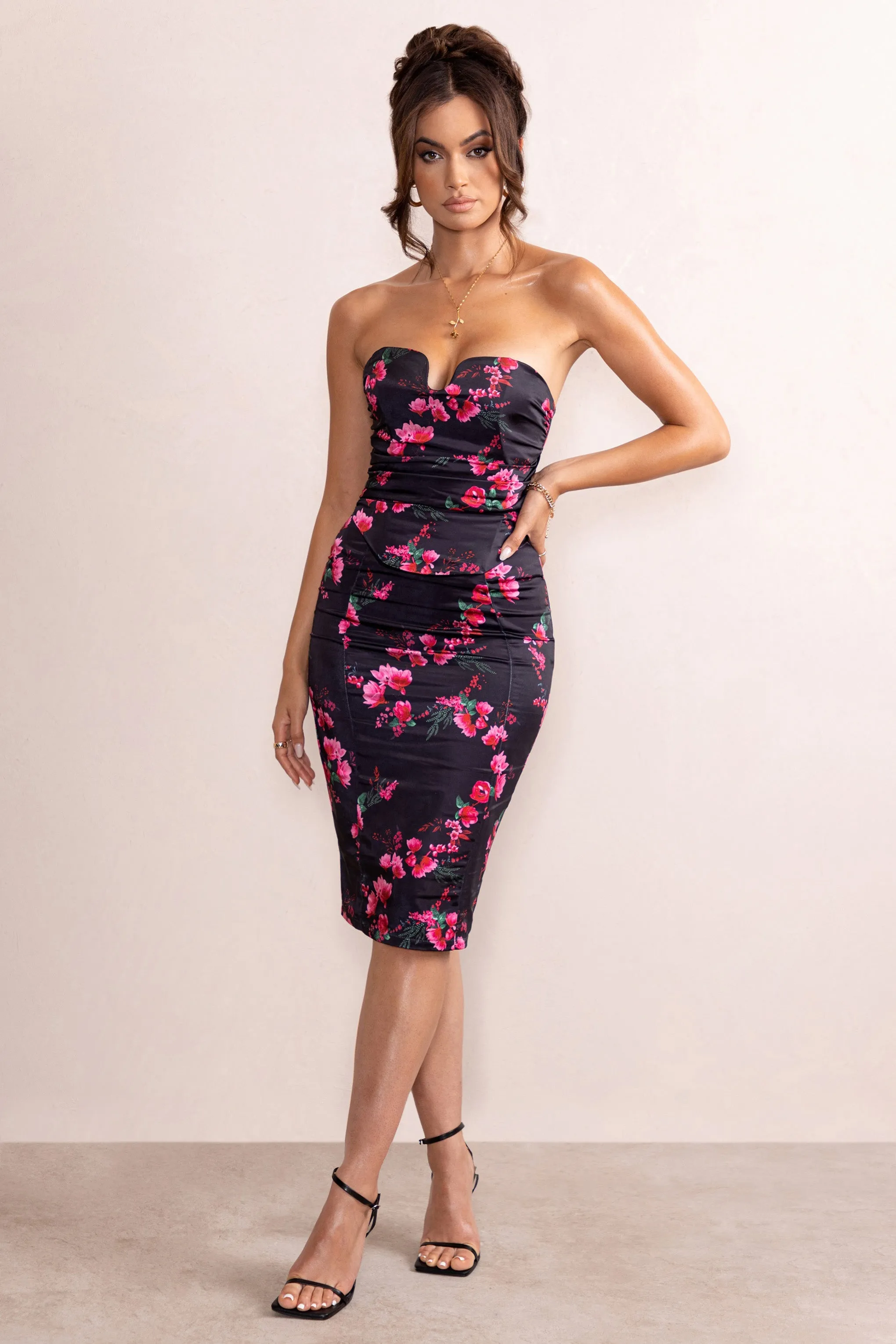 Katrina | Black Floral Print Satin Bodycon Midi Skirt sold by Club L London product image thumbnail 4