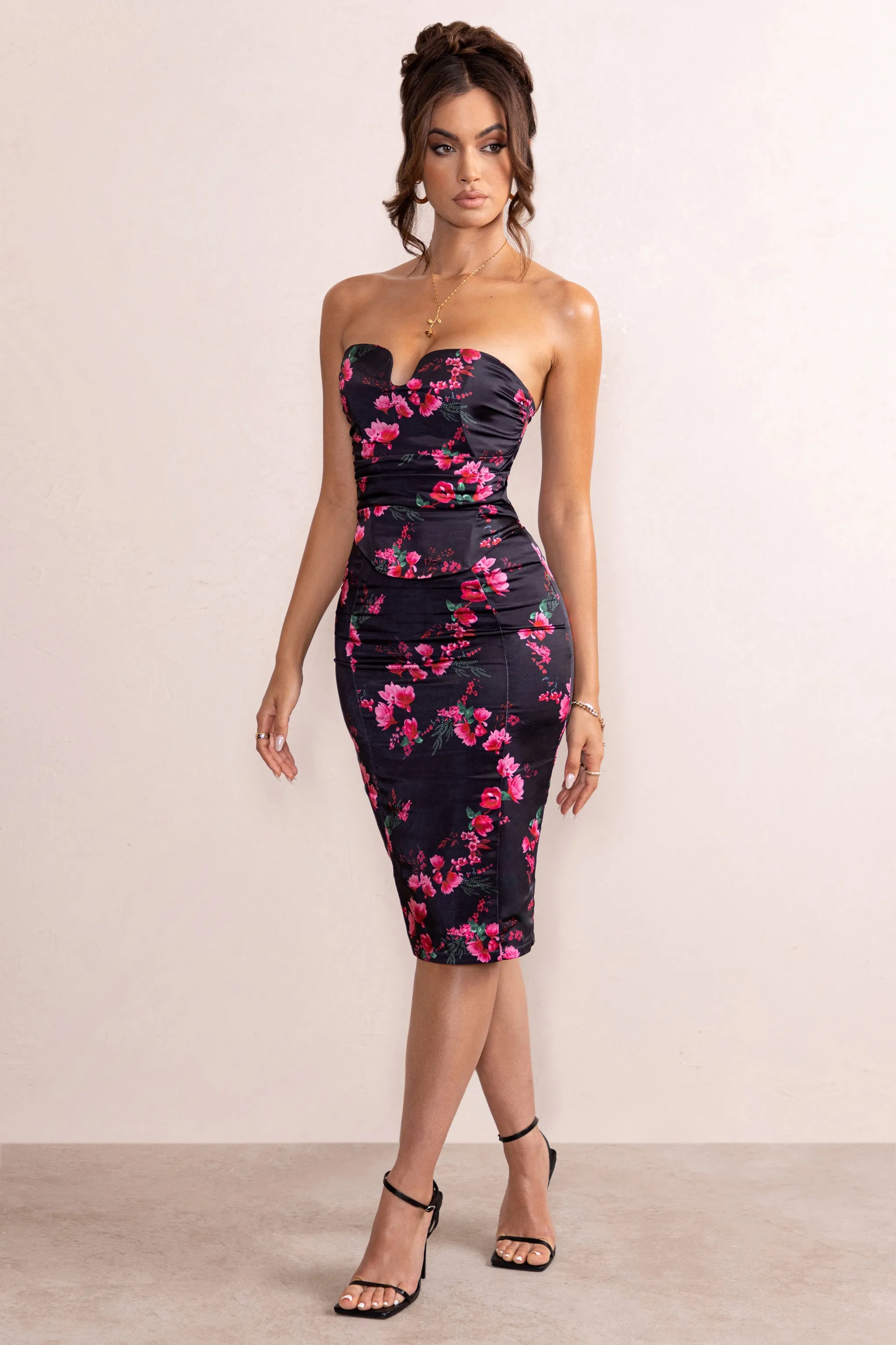 Katrina | Black Floral Print Satin Bodycon Midi Skirt sold by Club L London product image thumbnail 5