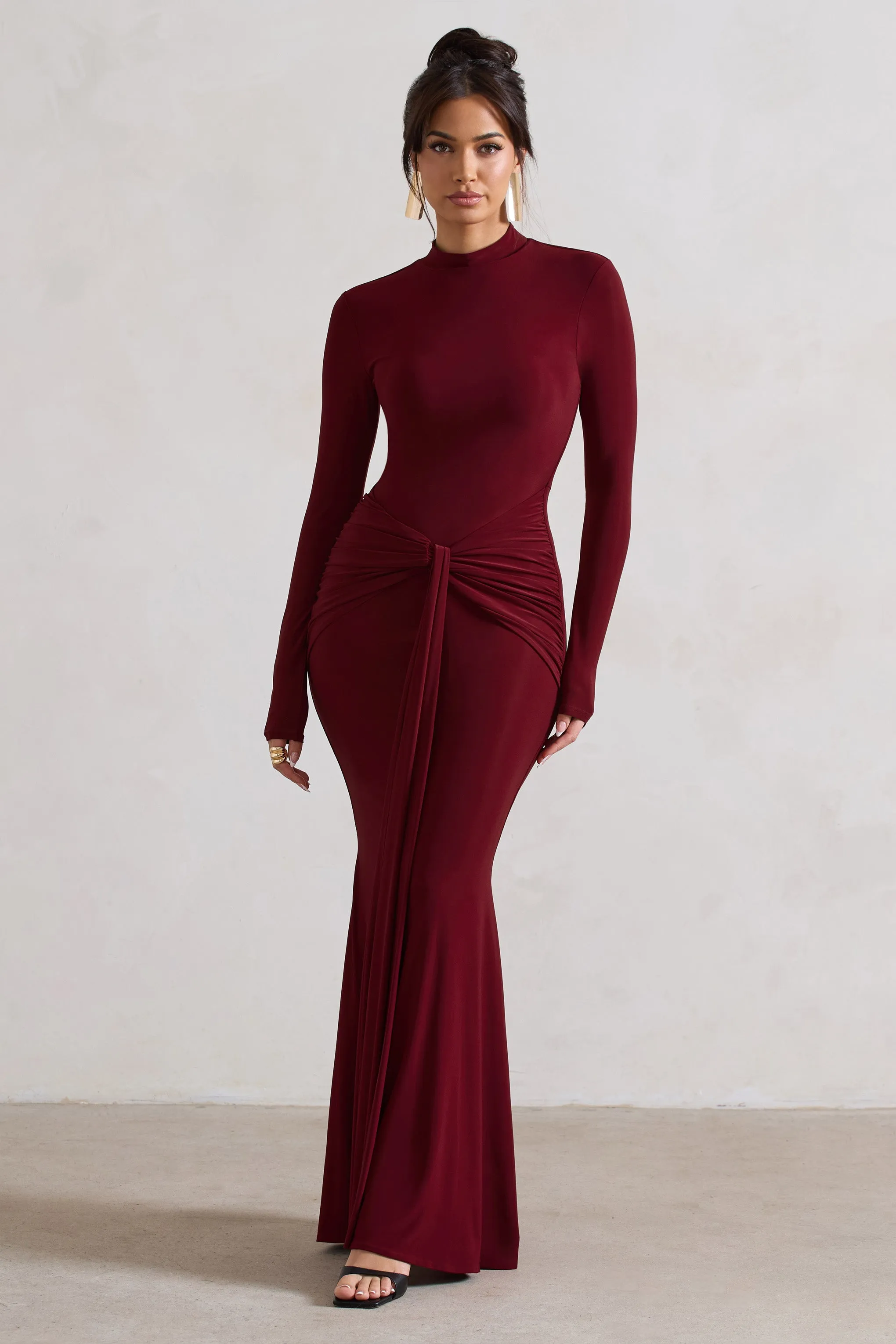 Pietra | Berry High-Neck Long Sleeve Knot Maxi Dress sold by Club L London