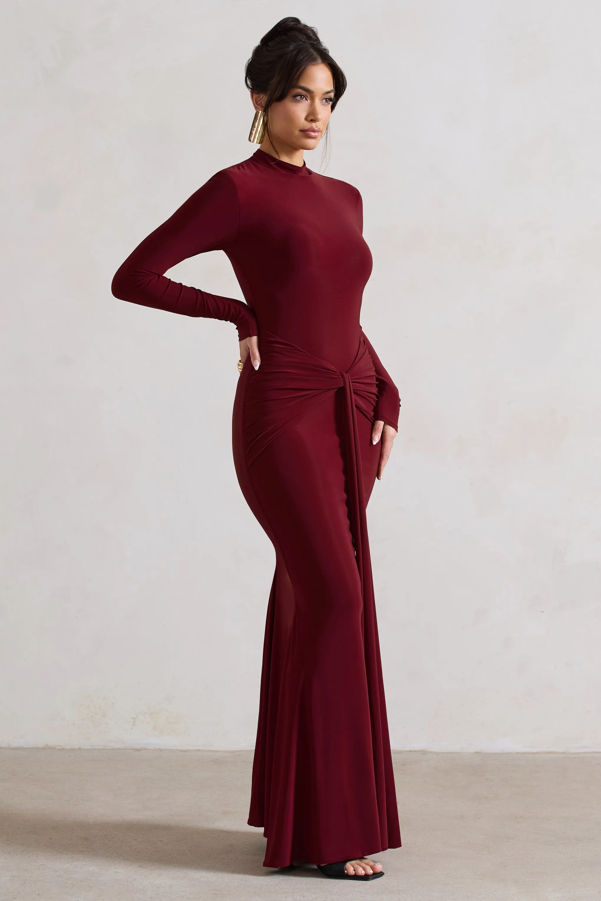 Pietra | Berry High-Neck Long Sleeve Knot Maxi Dress sold by Club L London product image thumbnail 5