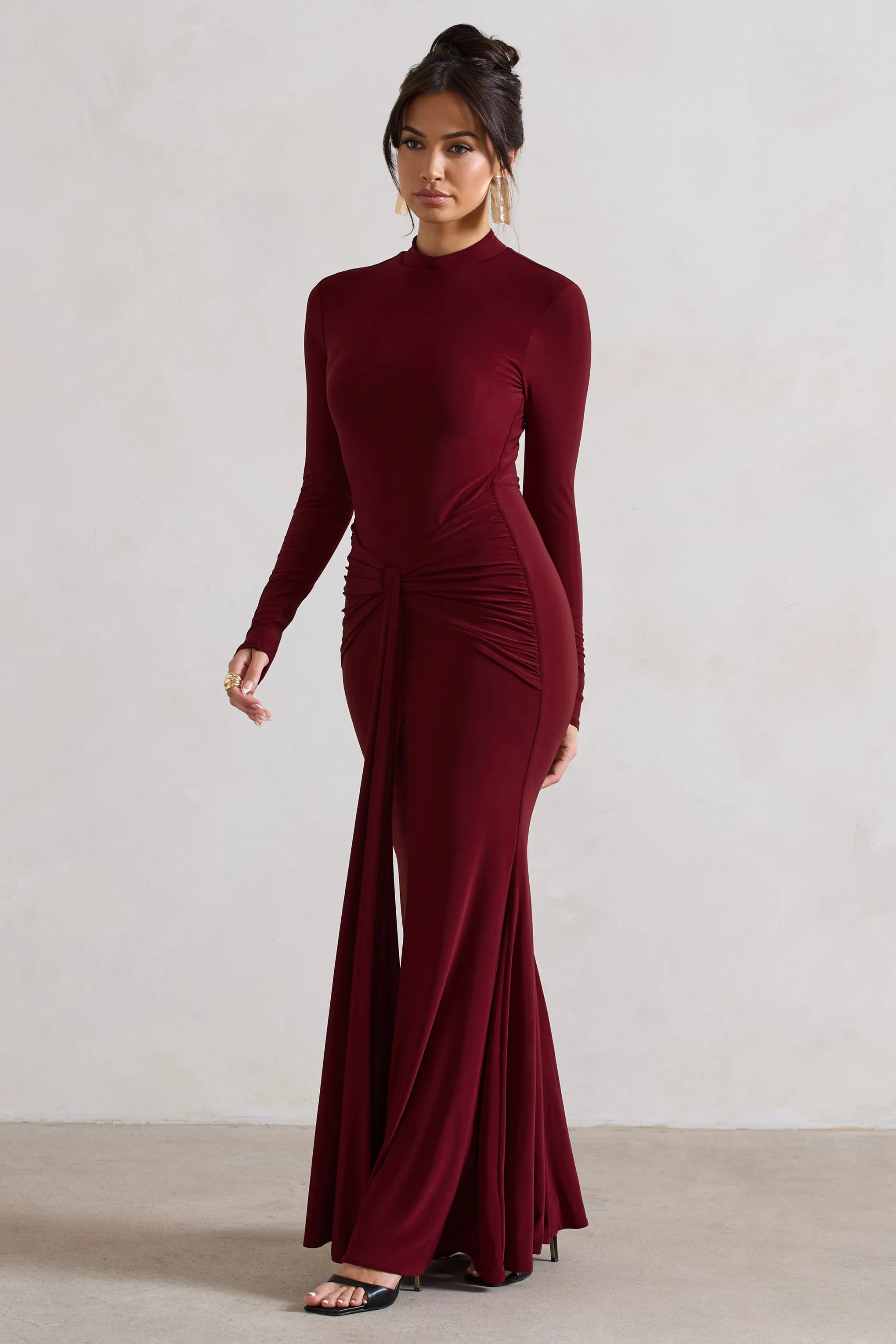 Pietra | Berry High-Neck Long Sleeve Knot Maxi Dress sold by Club L London product image thumbnail 4