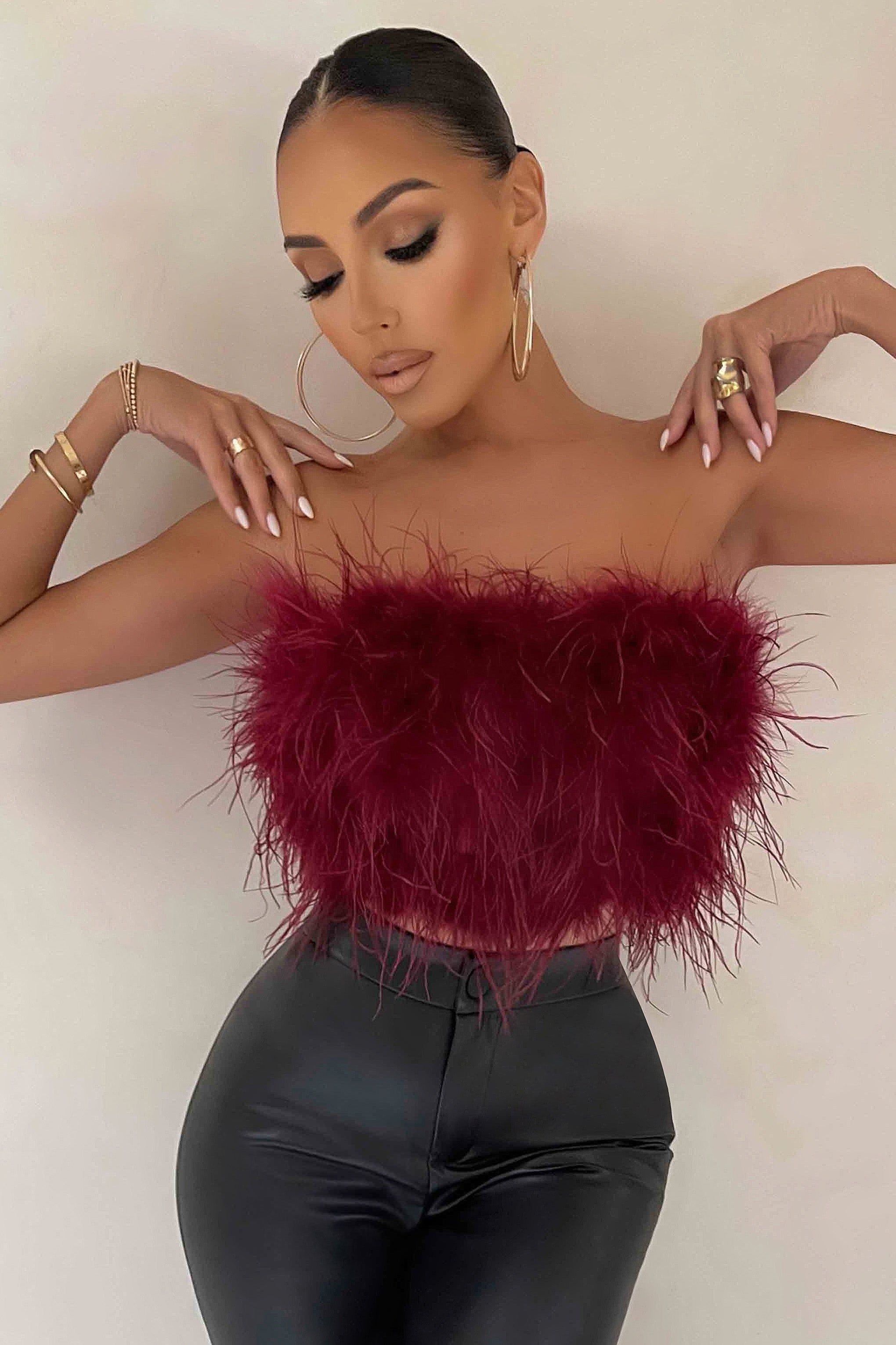 Dream Daze | Berry Feather Bandeau Crop Top sold by Club L London