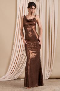 Galaxy Shimmer | Bronze Bias Cut Cowl Front Maxi Dress sold by Club L London