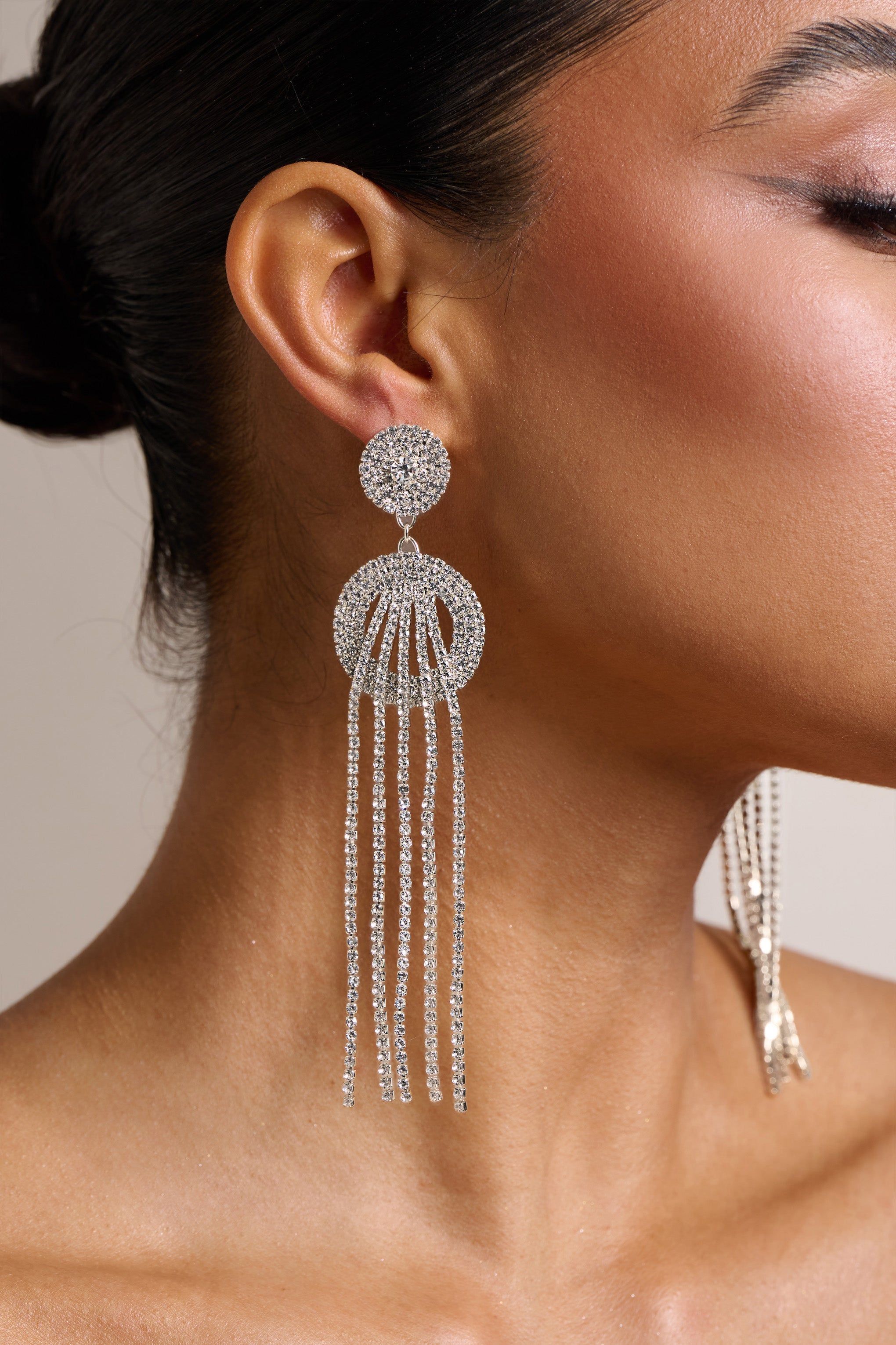 Casey | Silver Diamante Long Tassel Earrings sold by Club L London product image thumbnail 2
