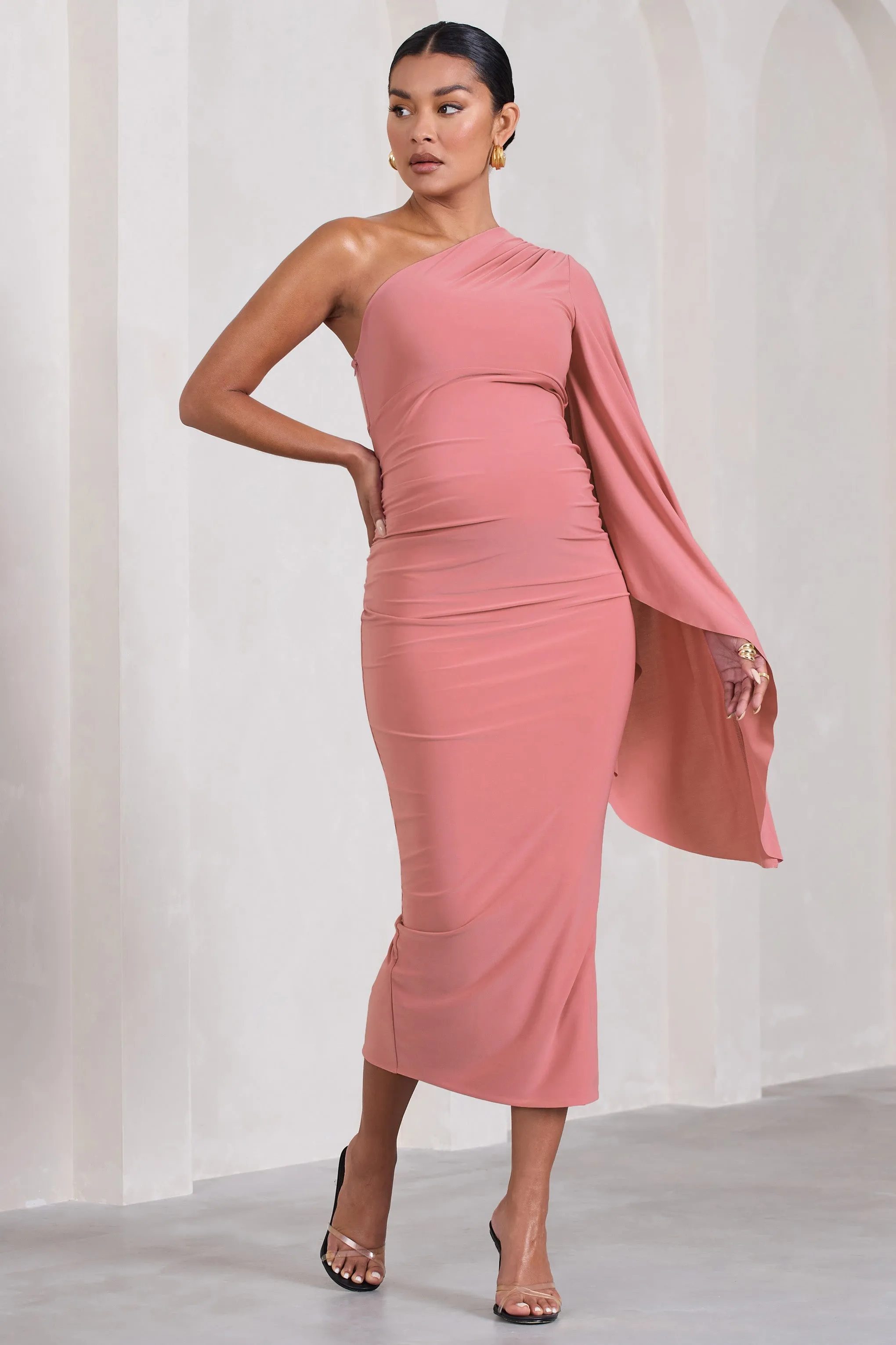 Adeline | Blush Pink Ruched Asymmetric Split Maternity Midi Dress With Cape Sleeve sold by Club L London product image thumbnail 4