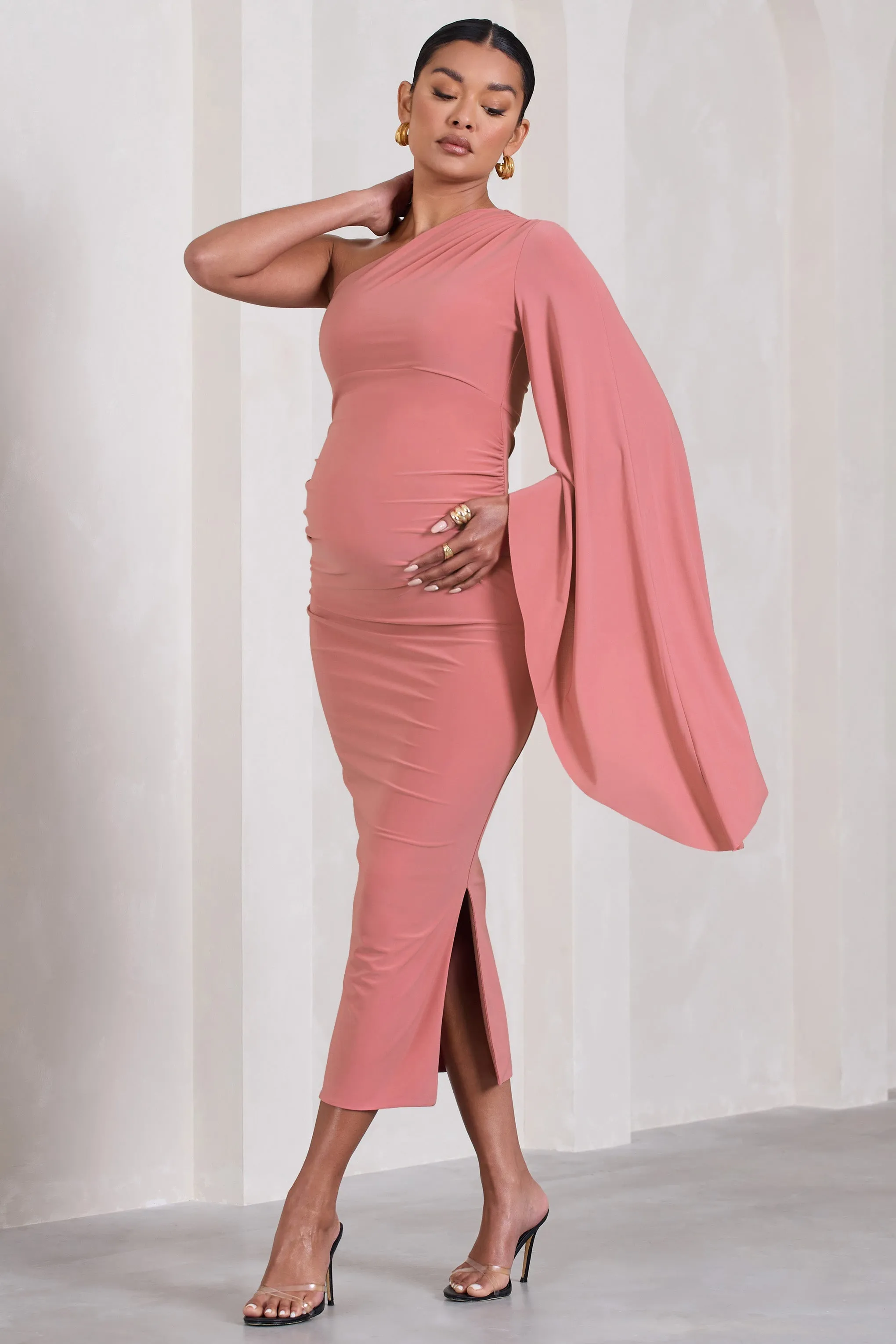 Adeline | Blush Pink Ruched Asymmetric Split Maternity Midi Dress With Cape Sleeve sold by Club L London product image thumbnail 5