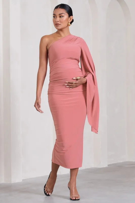 Adeline | Blush Pink Ruched Asymmetric Split Maternity Midi Dress With Cape Sleeve sold by Club L London