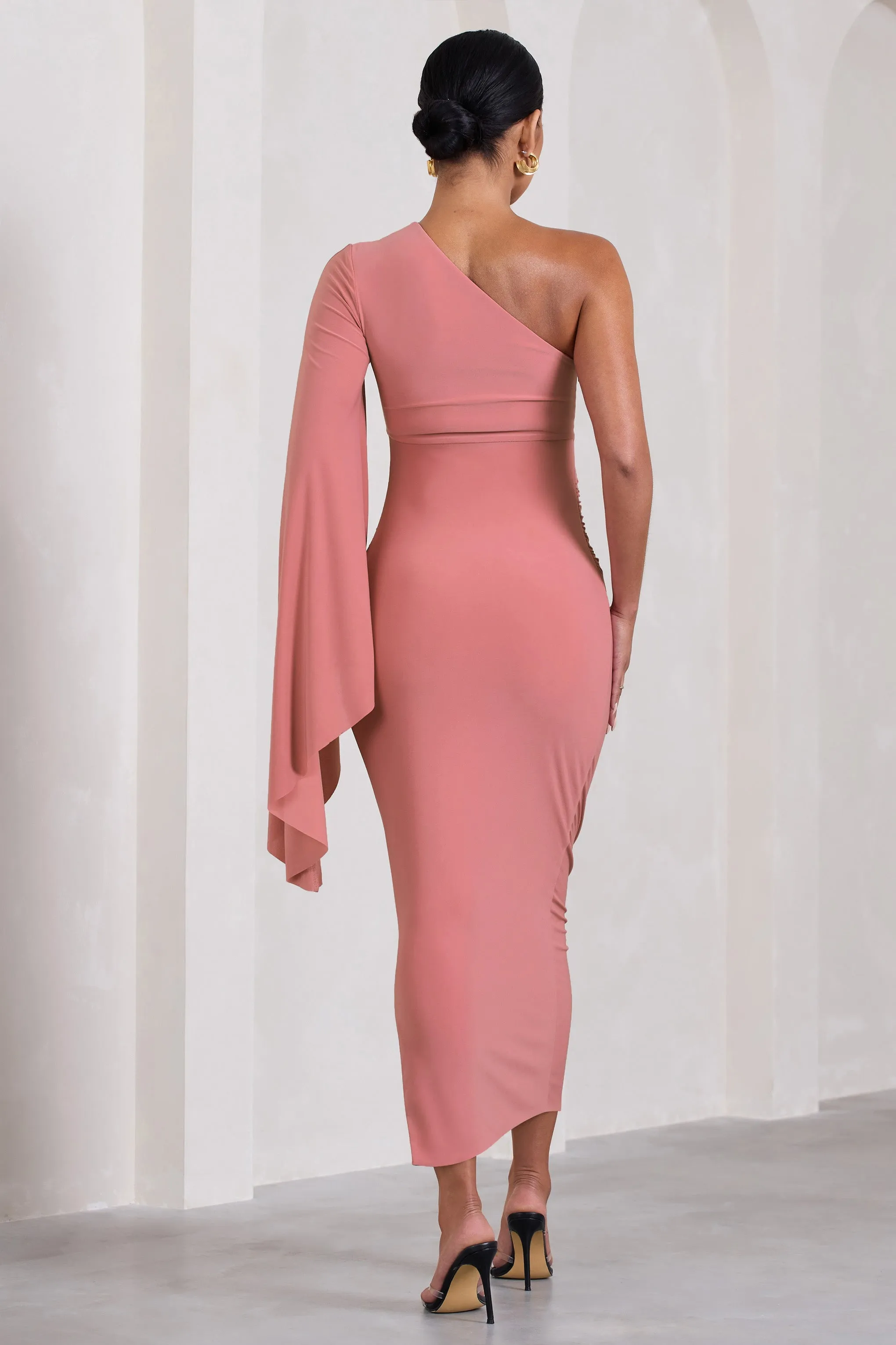 Adeline | Blush Pink Ruched Asymmetric Split Maternity Midi Dress With Cape Sleeve sold by Club L London product image thumbnail 2