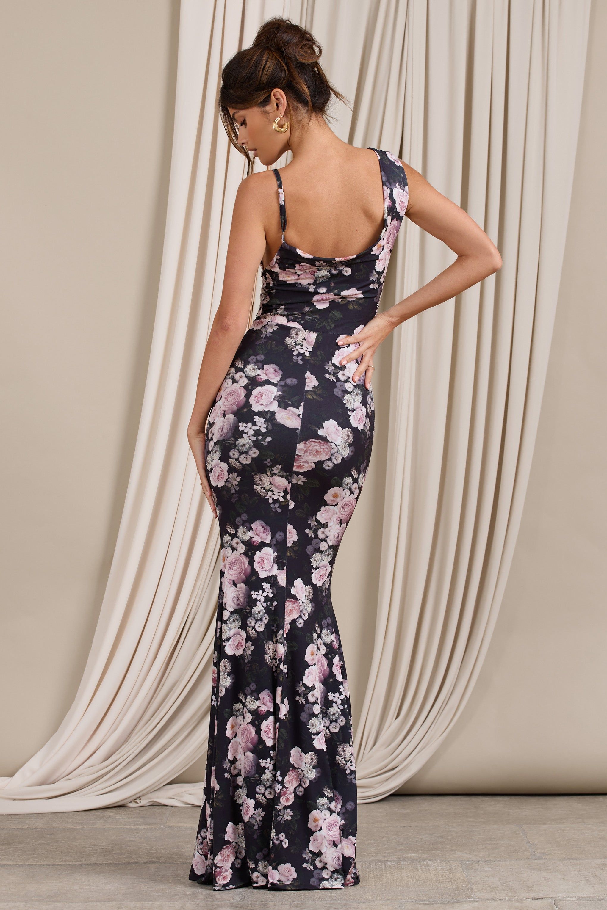 Phantasy | Black & Pink Floral Print Asymmetric Neckline Cowl Maxi Dress sold by Club L London product image thumbnail 3