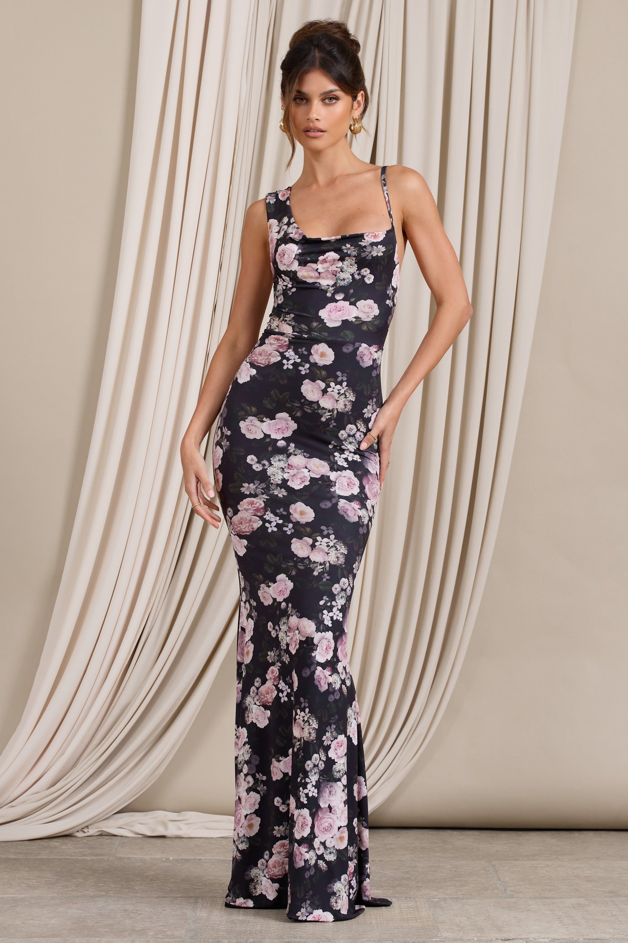 Phantasy | Black & Pink Floral Print Asymmetric Neckline Cowl Maxi Dress sold by Club L London product image thumbnail 5
