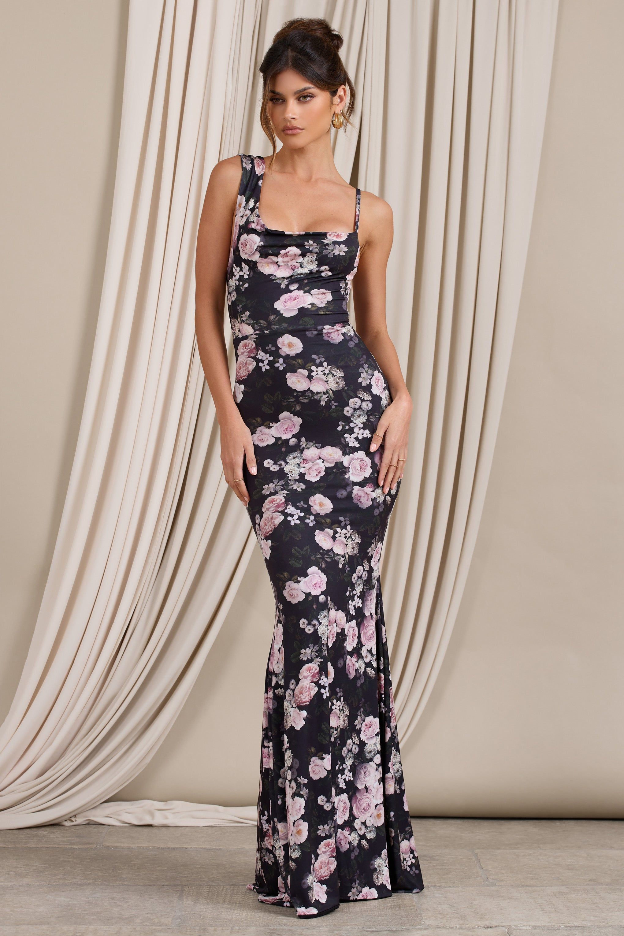 Phantasy | Black & Pink Floral Print Asymmetric Neckline Cowl Maxi Dress sold by Club L London product image thumbnail 2