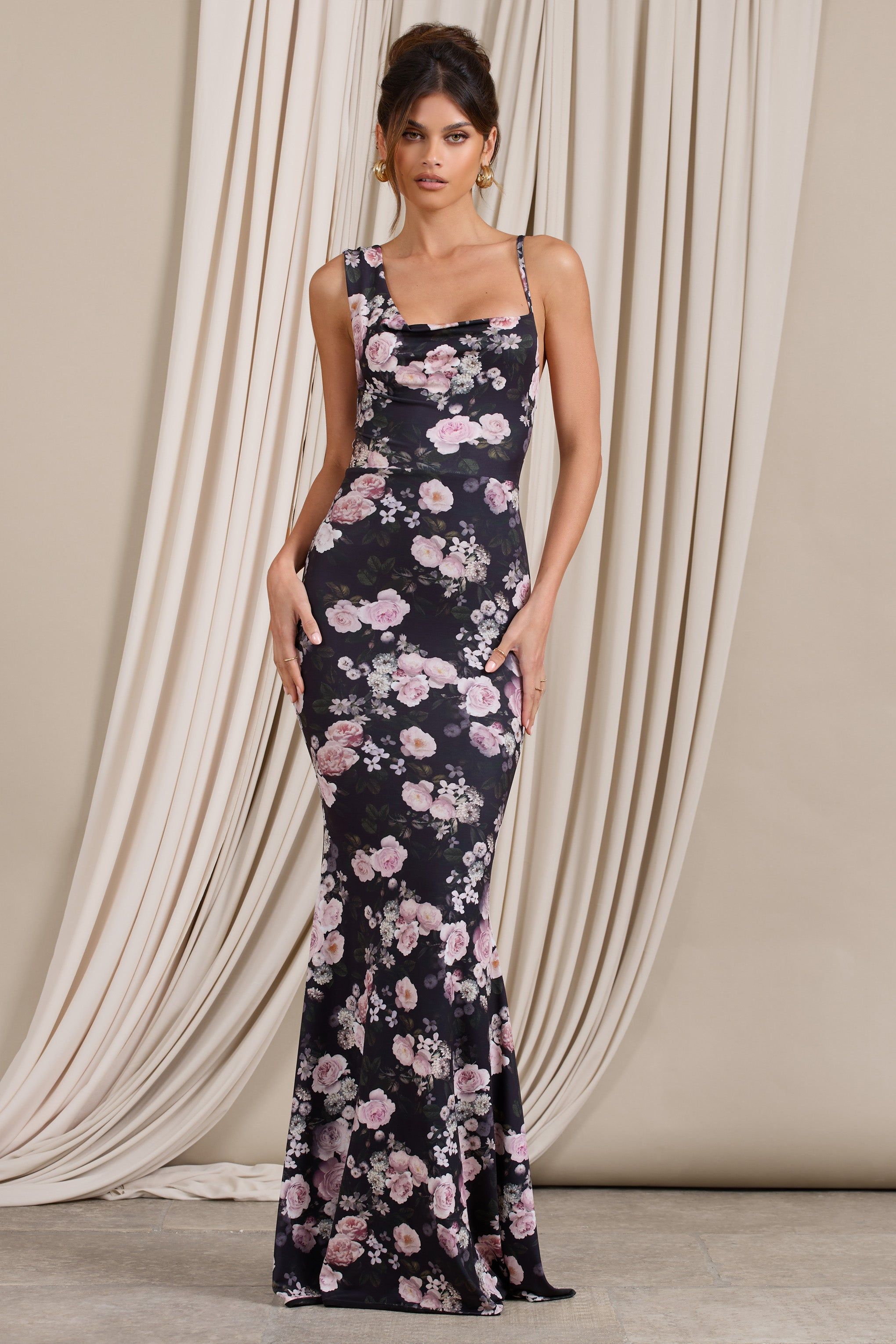 Phantasy | Black & Pink Floral Print Asymmetric Neckline Cowl Maxi Dress sold by Club L London product image thumbnail 6