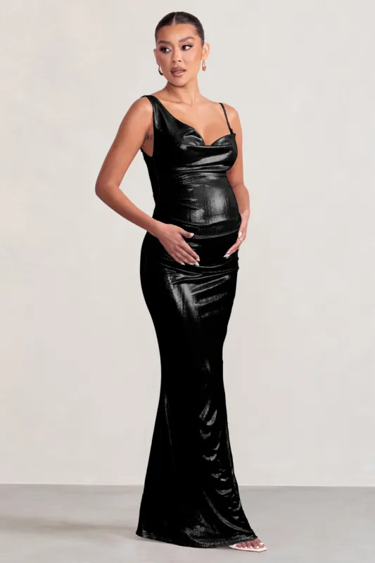 Galaxy Shimmer | Black Maternity Cowl Neck Maxi Dress sold by Club L London