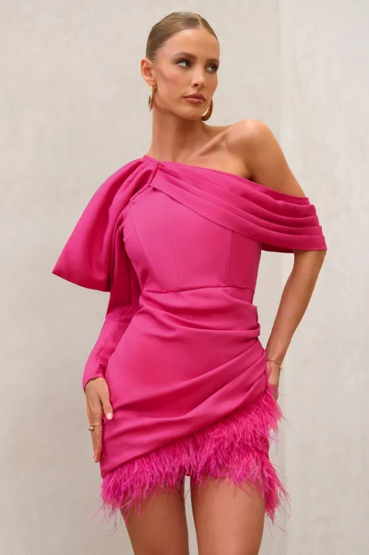 RSVP | Hot Pink Asymmetric Volume Sleeve Draped Feather Mini Dress sold by Club L London