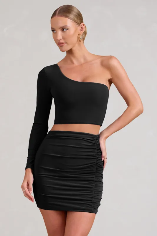 Step Up | Black Long Sleeve One Shoulder Crop Top sold by Club L London