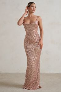 Seeing Stars | Champagne Cowl Cami Sequin Maxi Dress With Waist Tie sold by Club L London