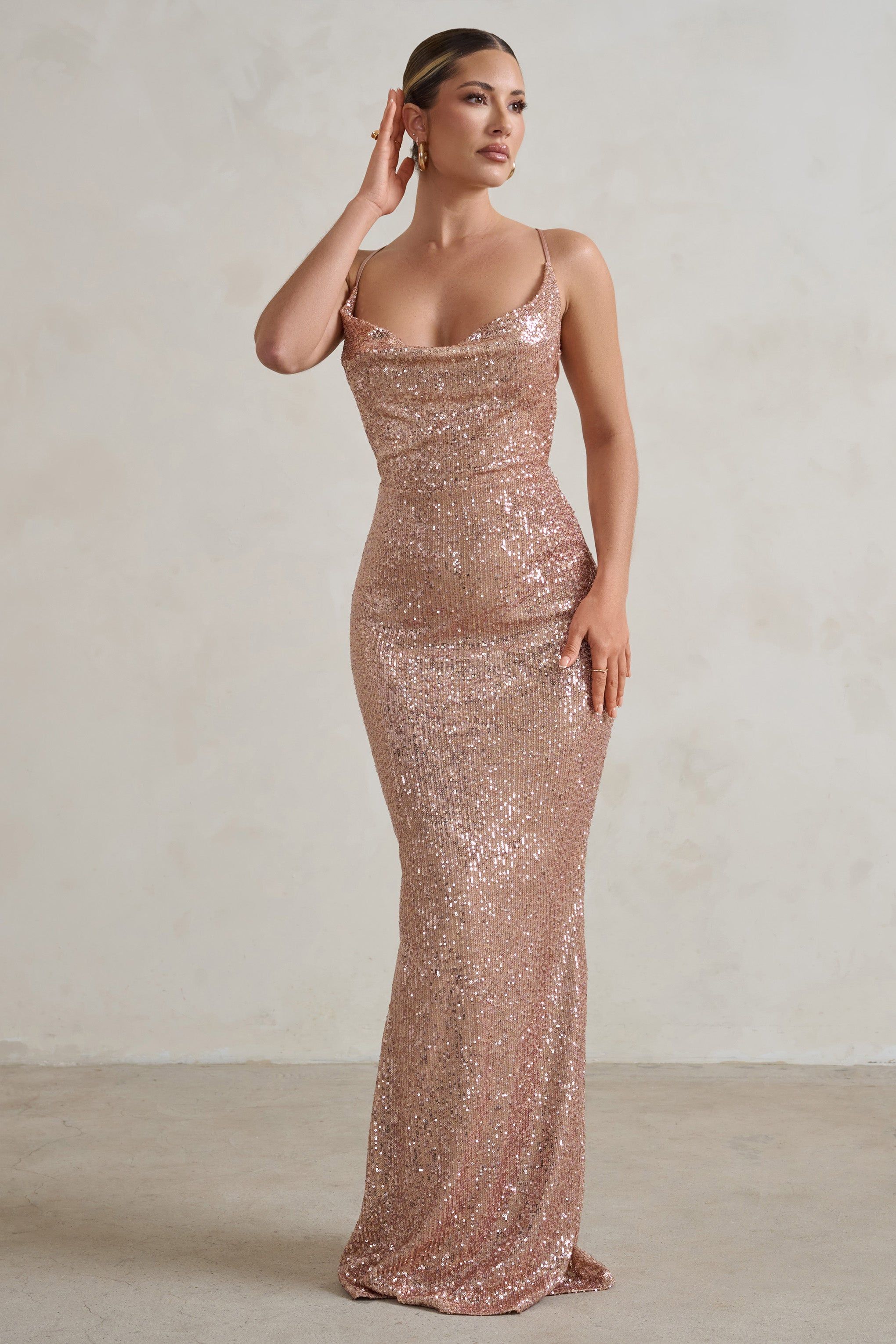 Seeing Stars | Champagne Cowl Cami Sequin Maxi Dress With Waist Tie sold by Club L London product image thumbnail 4
