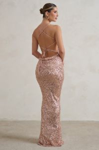 Seeing Stars | Champagne Cowl Cami Sequin Maxi Dress With Waist Tie sold by Club L London