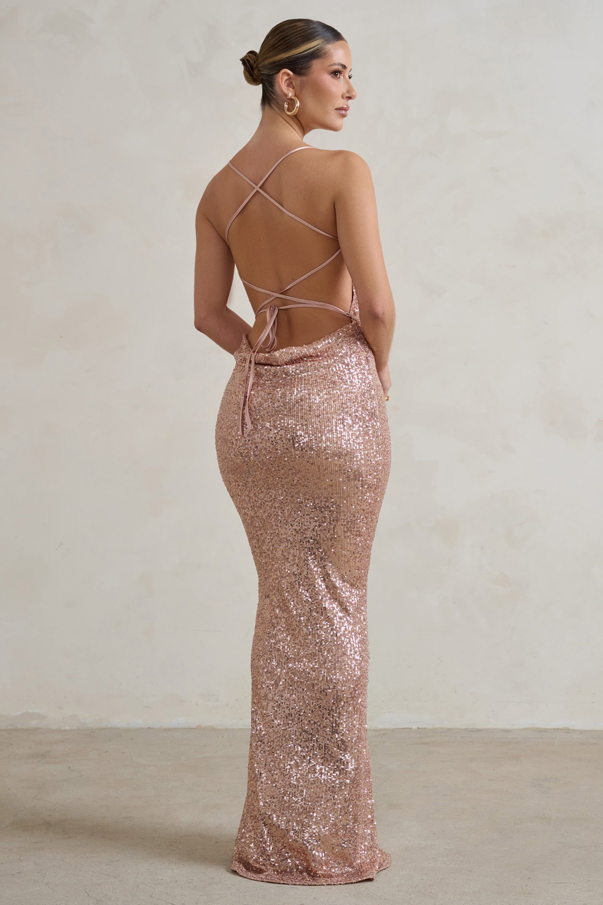 Seeing Stars | Champagne Cowl Cami Sequin Maxi Dress With Waist Tie sold by Club L London product image thumbnail 2