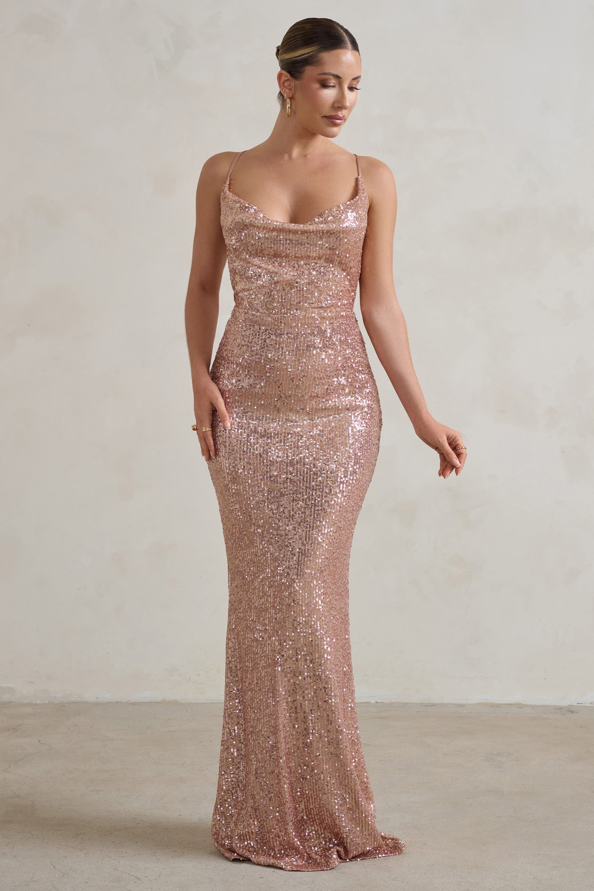 Seeing Stars | Champagne Cowl Cami Sequin Maxi Dress With Waist Tie sold by Club L London