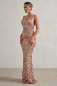 Seeing Stars | Champagne Cowl Cami Sequin Maxi Dress With Waist Tie sold by Club L London